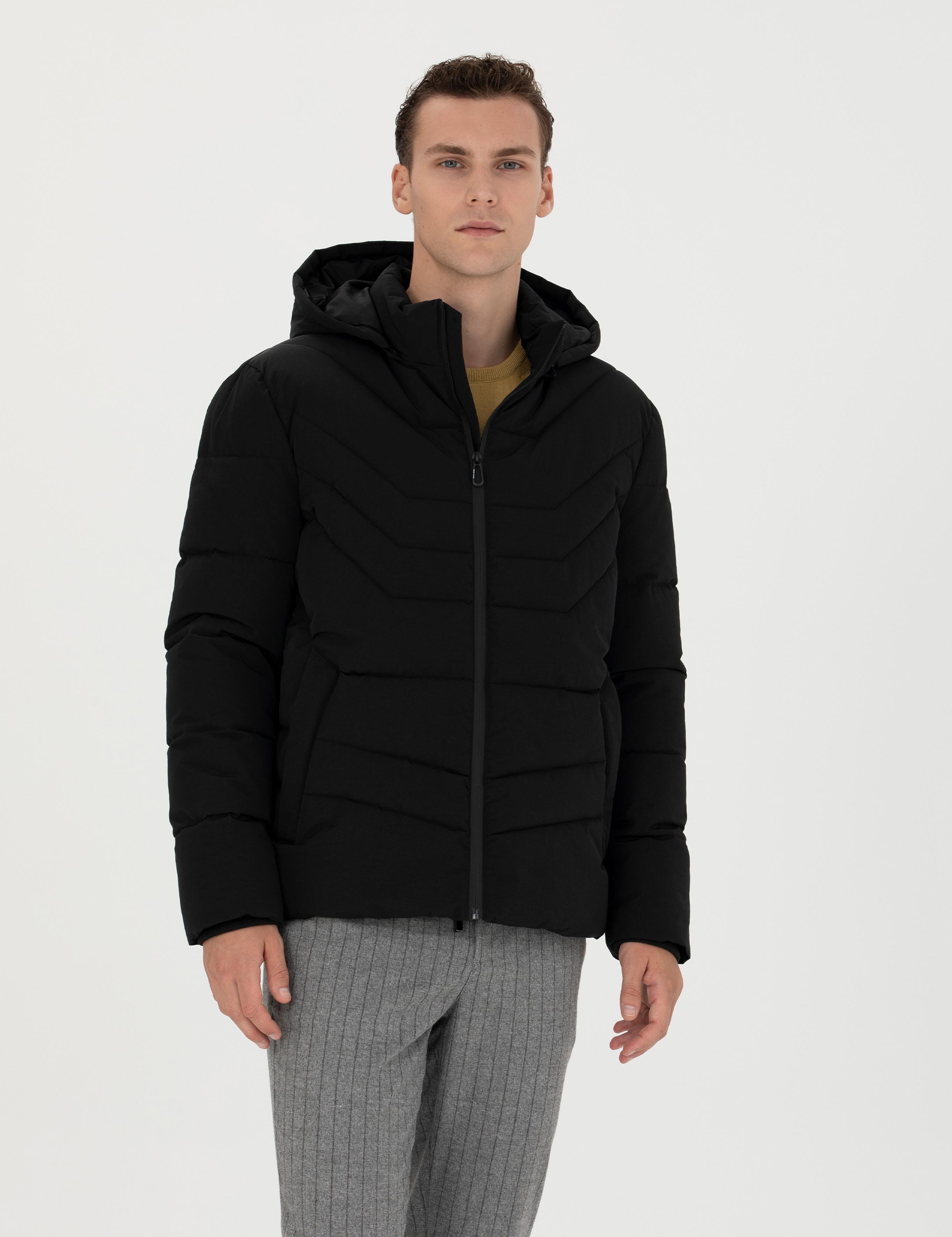 Siyah Gri Kapüşonlu Dolgulu Mont