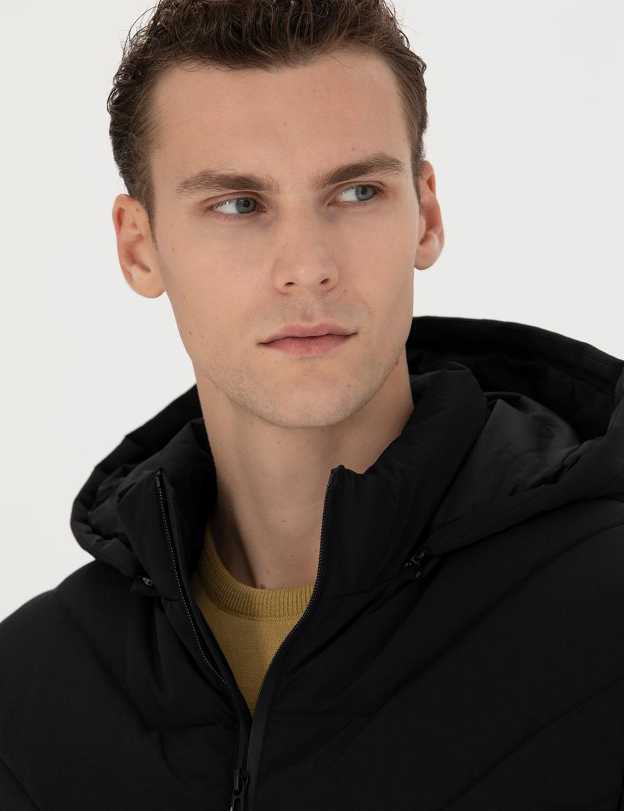 Siyah Gri Kapüşonlu Dolgulu Mont