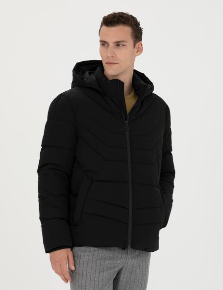 Siyah Gri Kapüşonlu Dolgulu Mont - 50276360021