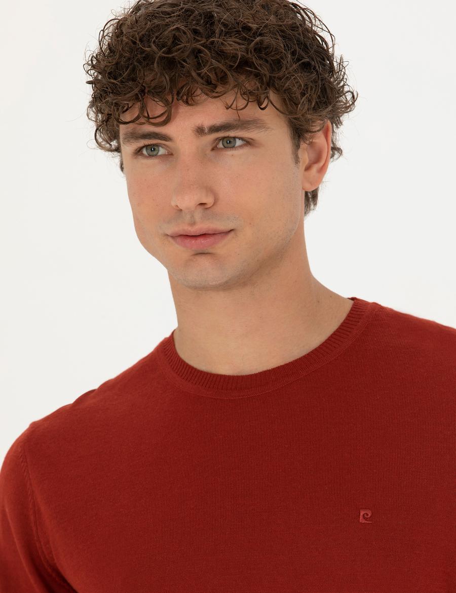 Kiremit Slim Fit Bisiklet Yaka Yün Karışımlı Basic Triko Kazak