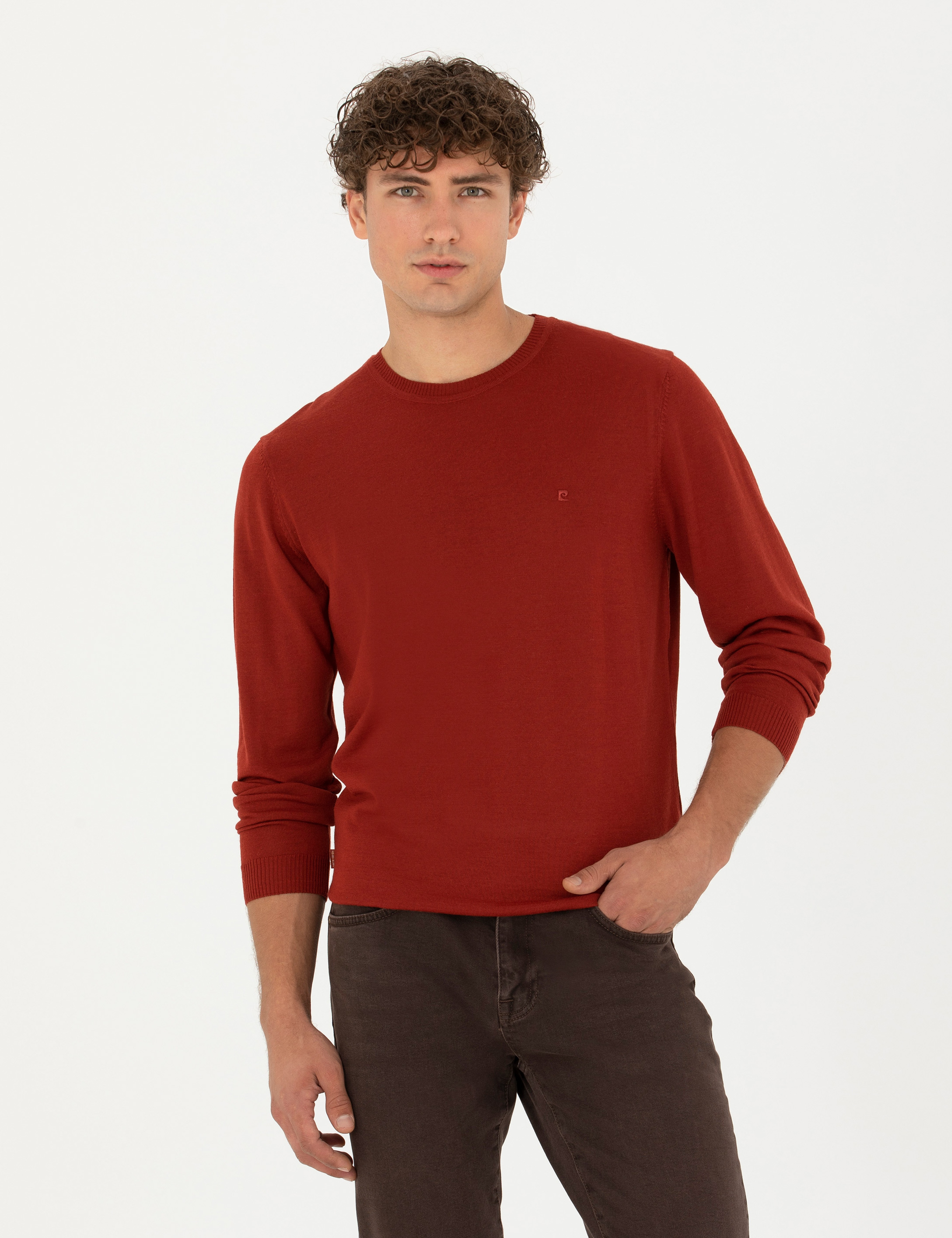Kiremit Slim Fit Bisiklet Yaka Yün Karışımlı Basic Triko Kazak - Image 4