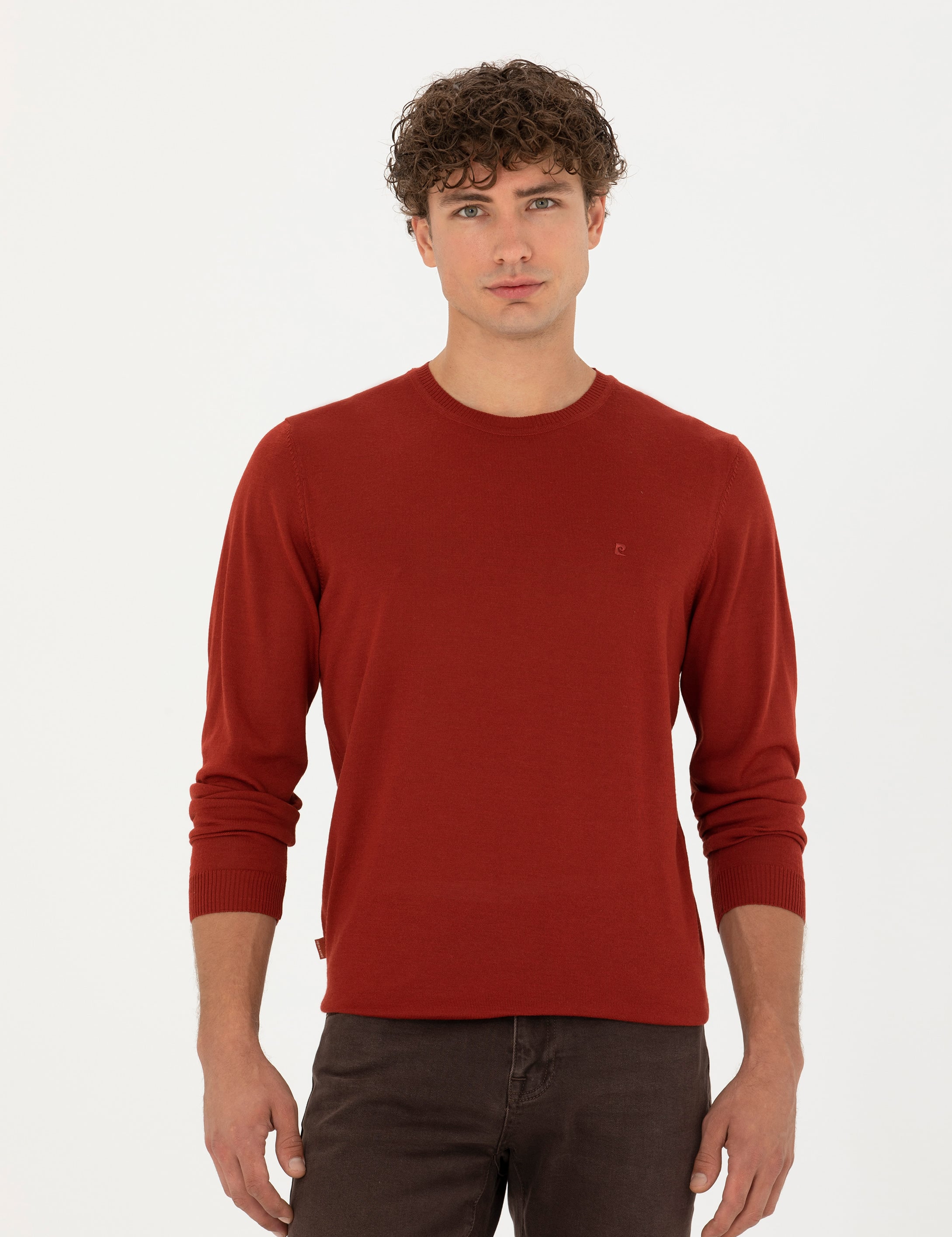 Pierre Cardin Kiremit Slim Fit Bisiklet Yaka Yün Karışımlı Basic Triko Kazak görsel 3
