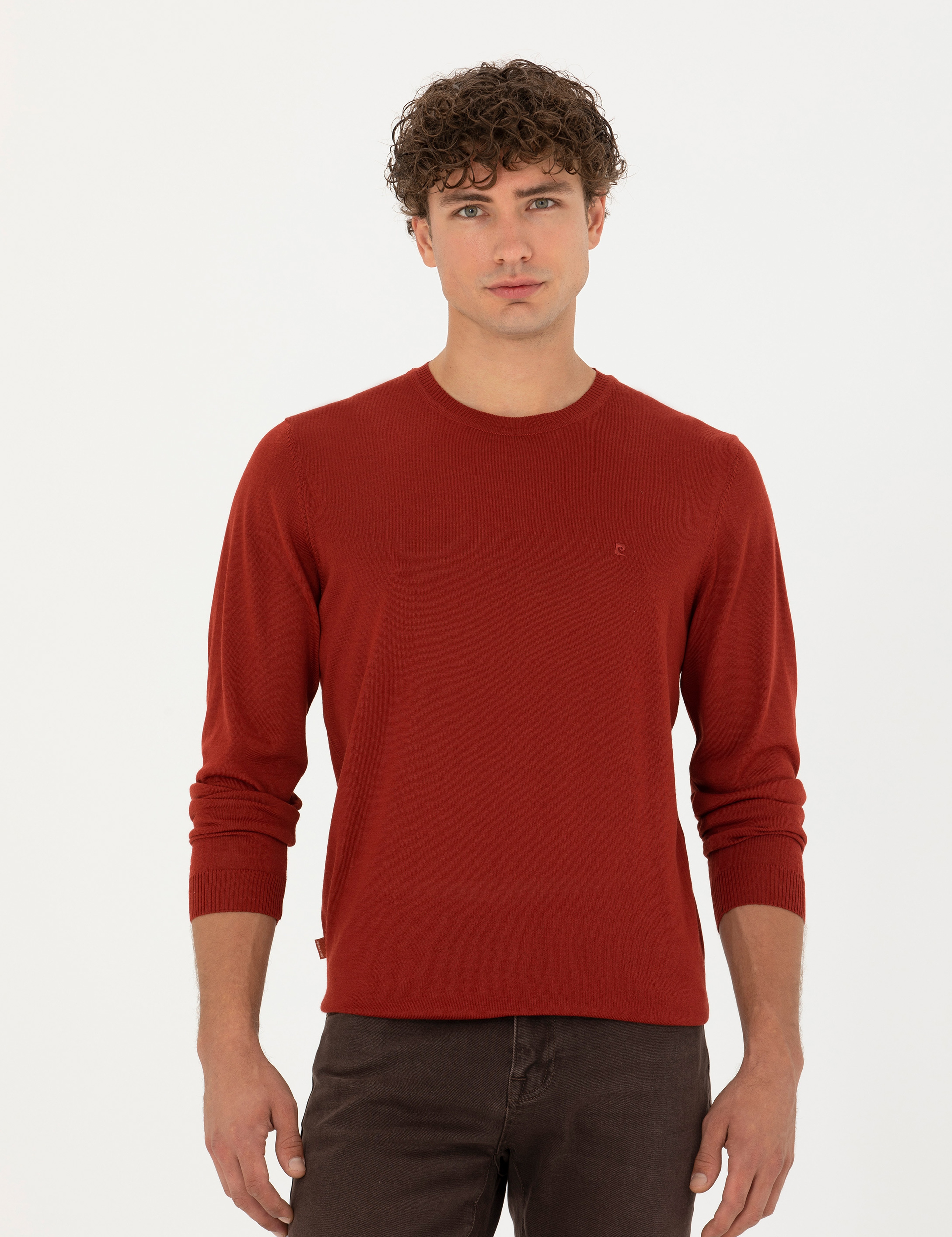 Kiremit Slim Fit Bisiklet Yaka Yün Karışımlı Basic Triko Kazak - Image 3