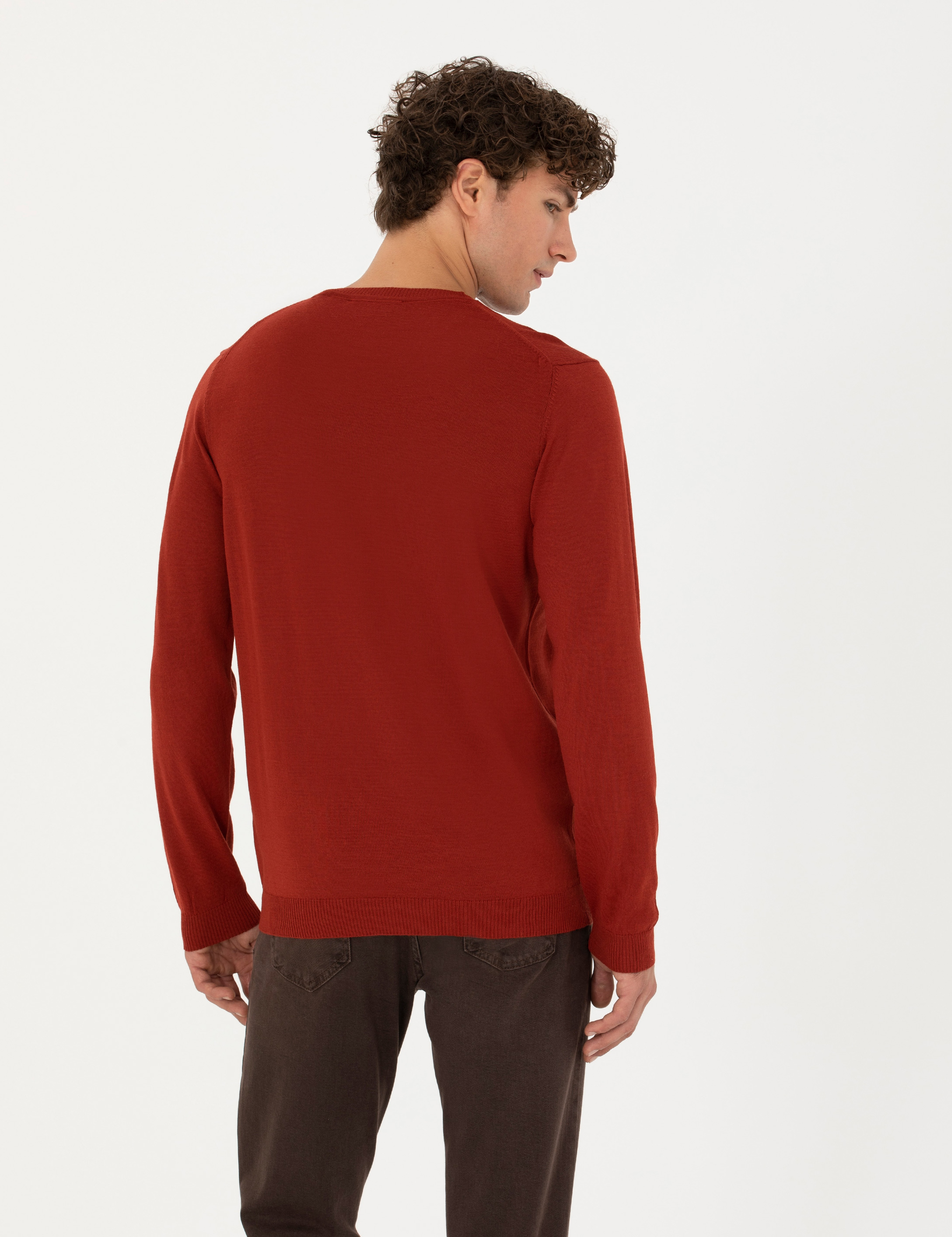 Kiremit Slim Fit Bisiklet Yaka Yün Karışımlı Basic Triko Kazak - Image 5