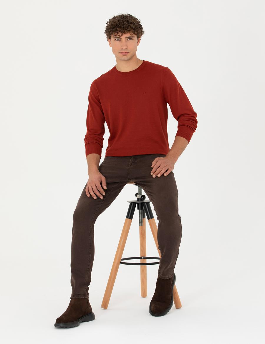 Kiremit Slim Fit Bisiklet Yaka Yün Karışımlı Basic Triko Kazak