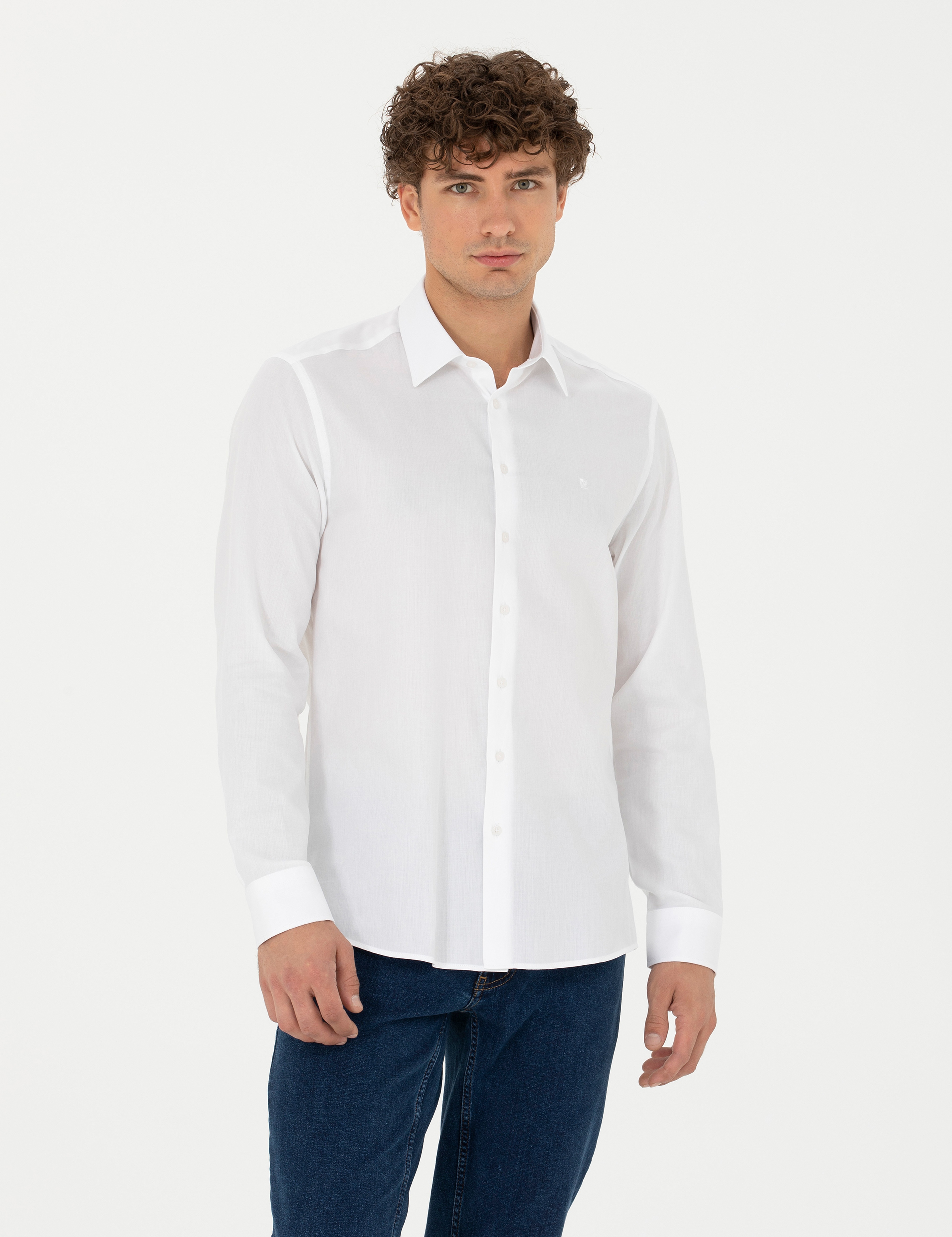 Beyaz Slim Fit Uzun Kollu Basic Gömlek - Image 1