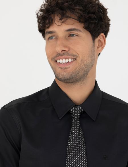 Siyah Slim Fit Uzun Kollu Basic Gömlek - 50277778016