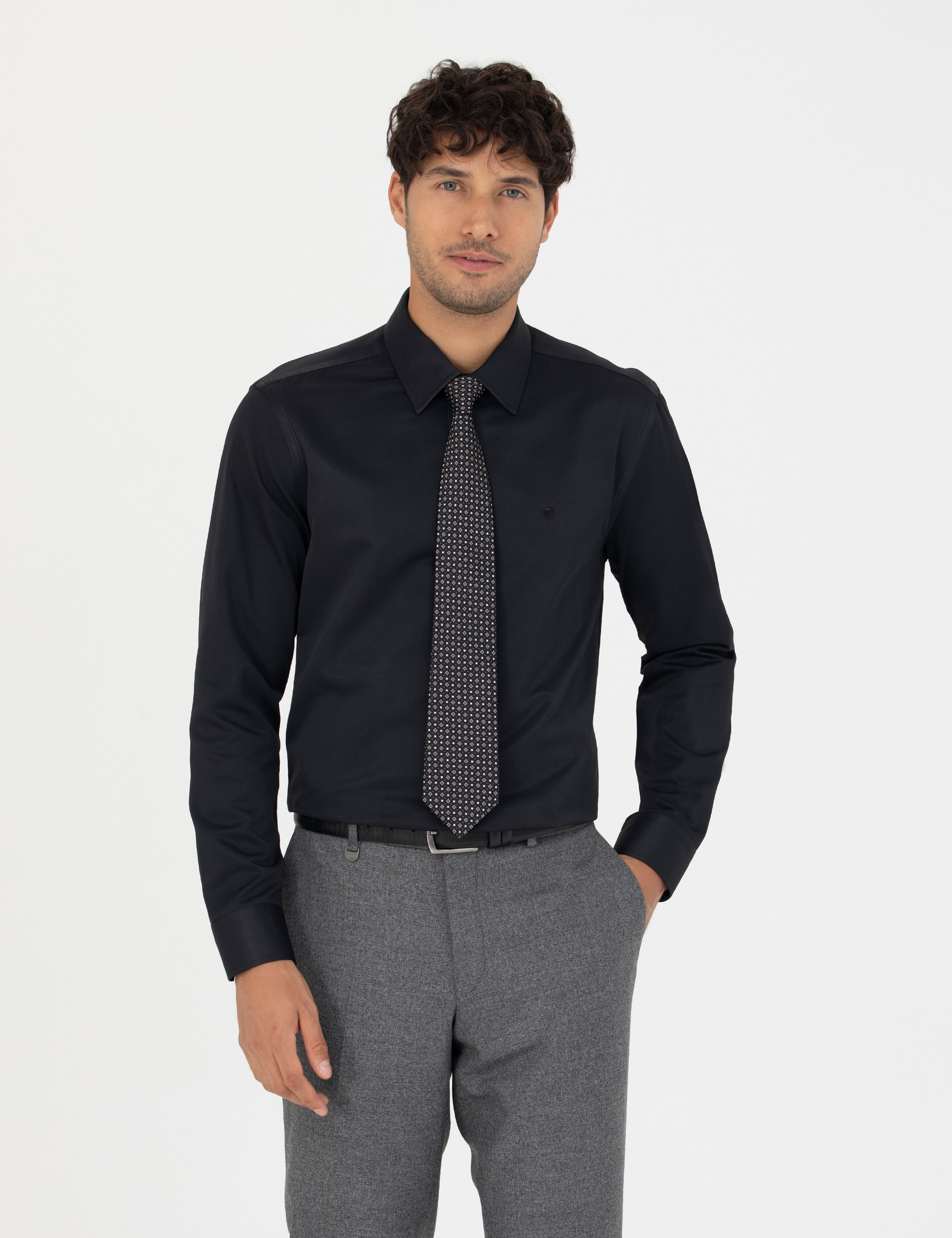 Siyah Slim Fit Uzun Kollu Basic Gömlek - Image 1