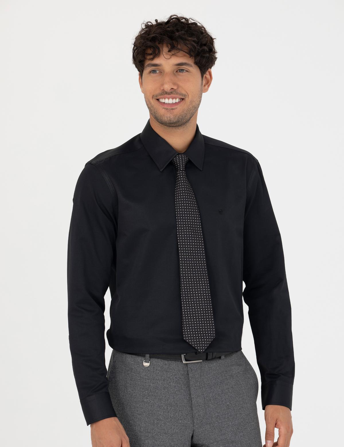 Siyah Slim Fit Uzun Kollu Basic Gömlek - 50277778016