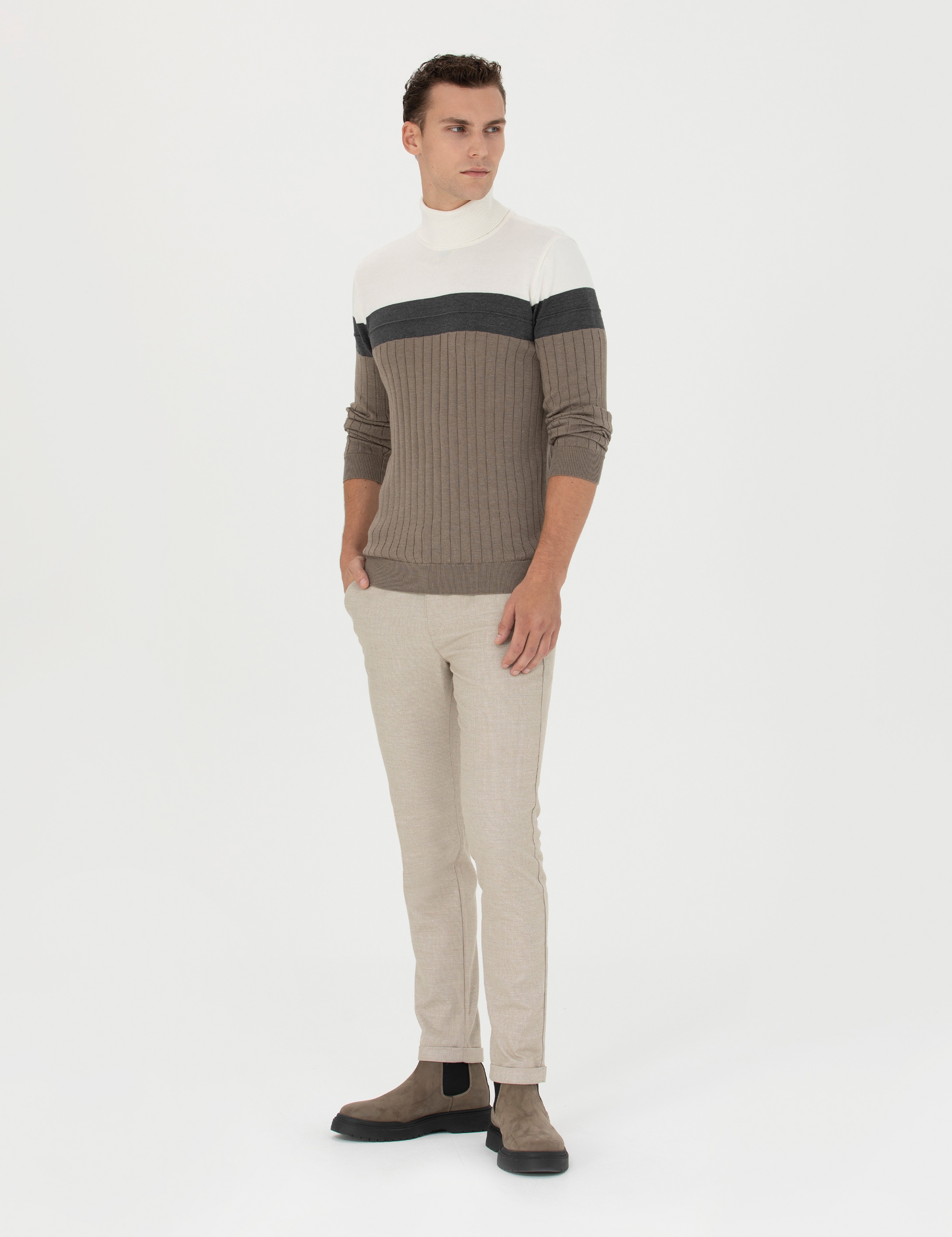Bej Slim Fit Bağcıklı Kanvas Pantolon - Image 3