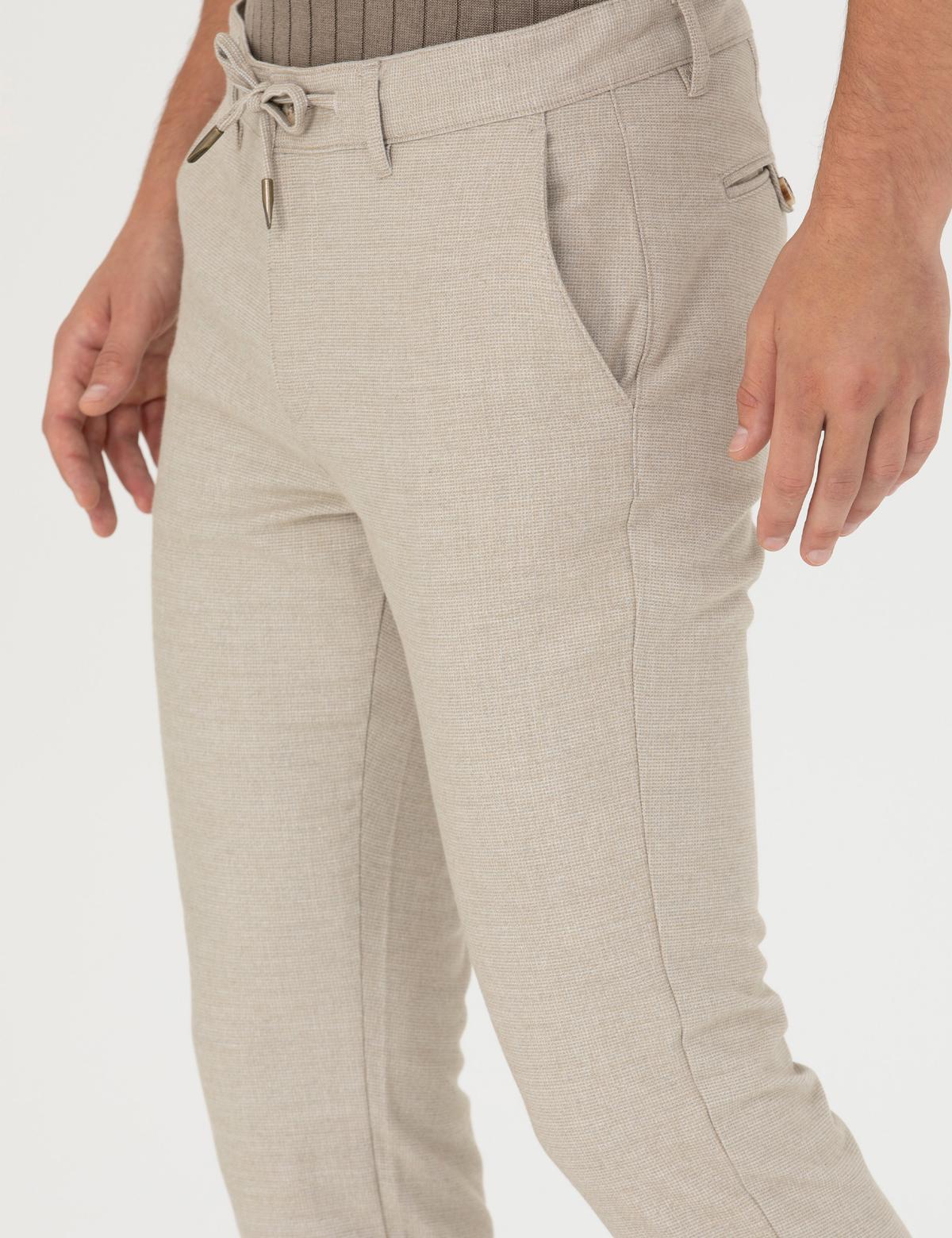 Bej Slim Fit Bağcıklı Kanvas Pantolon - 50278467088