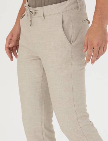 Bej Slim Fit Bağcıklı Kanvas Pantolon