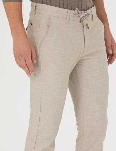 Bej Slim Fit Bağcıklı Kanvas Pantolon