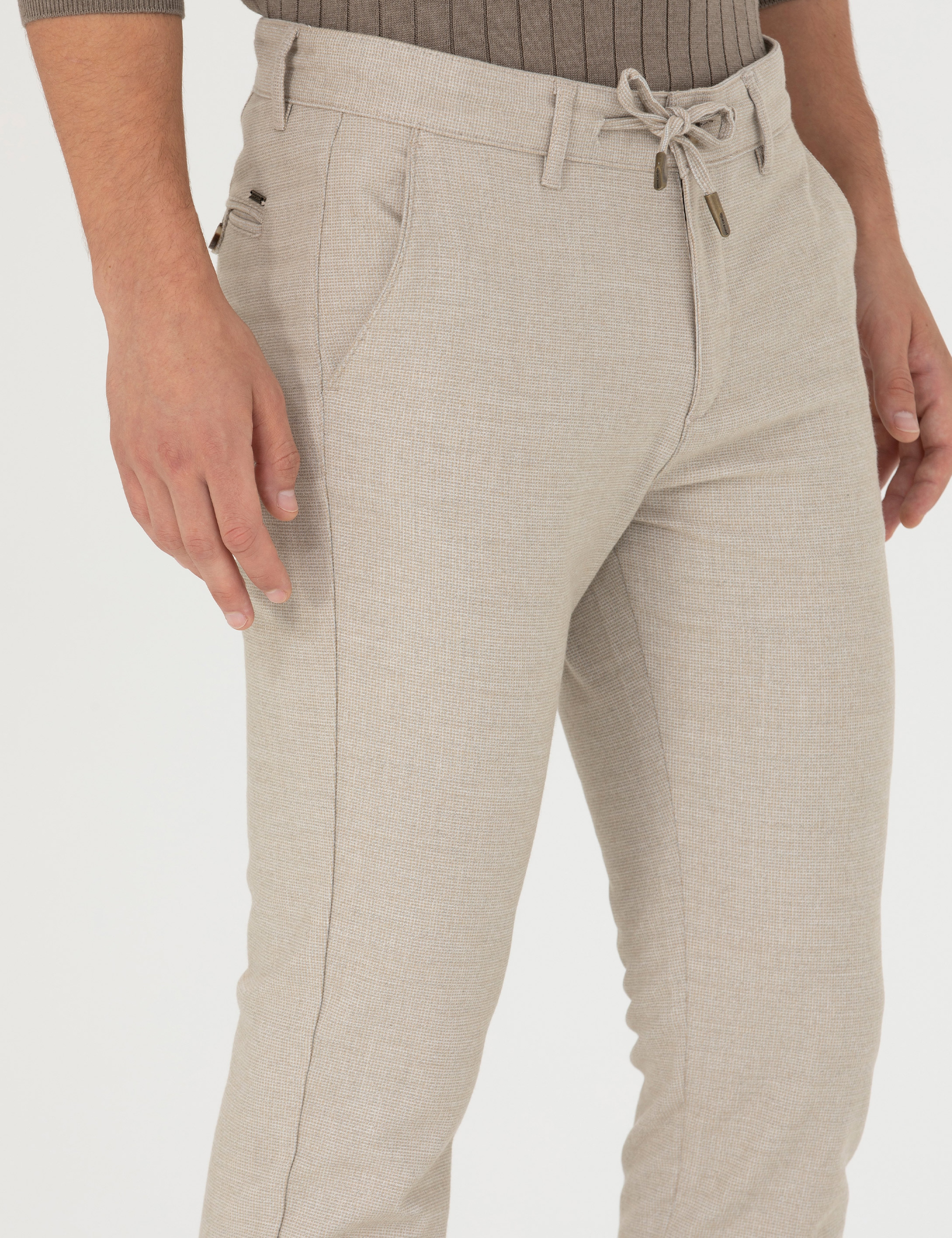 Bej Slim Fit Bağcıklı Kanvas Pantolon - Image 5