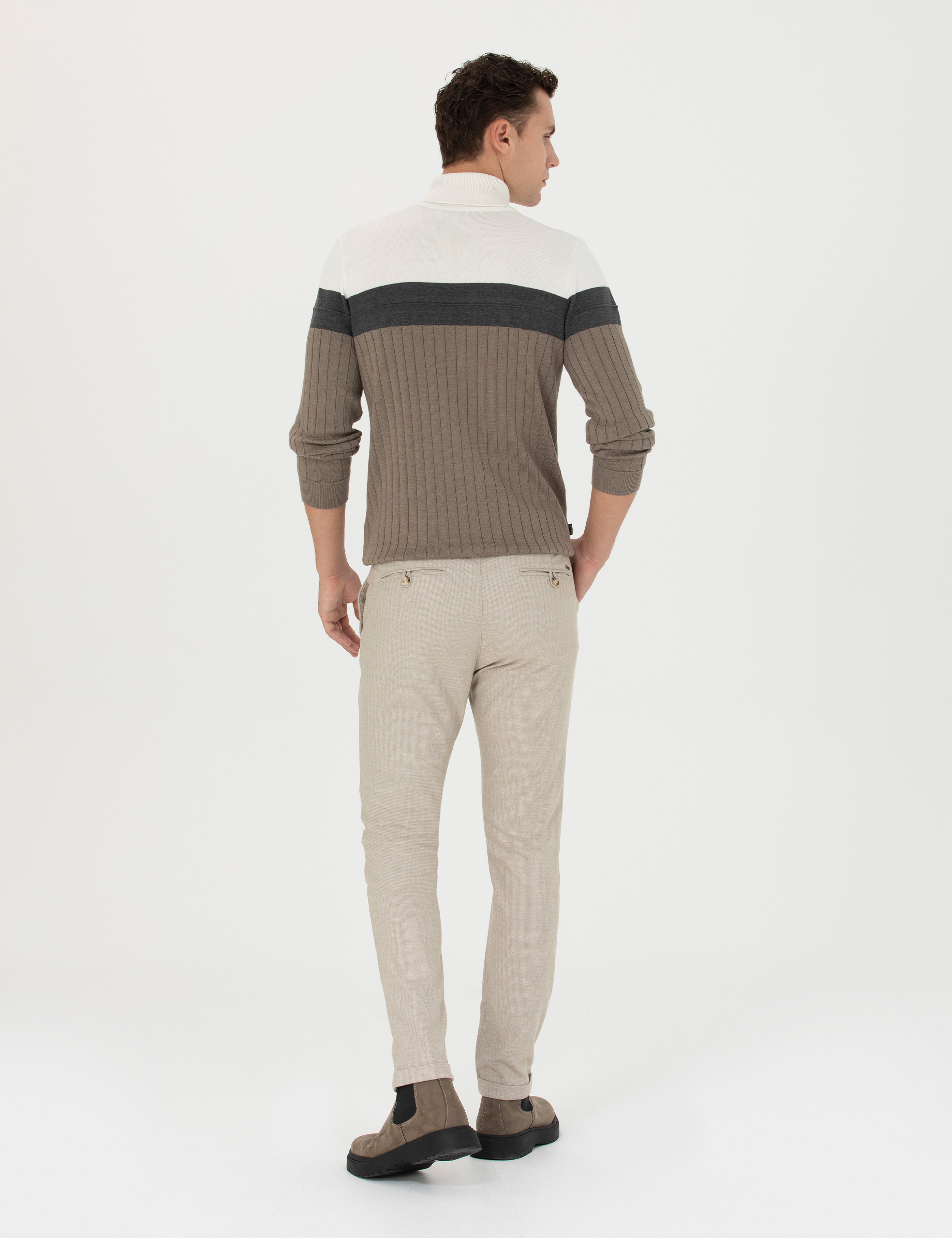 Bej Slim Fit Bağcıklı Kanvas Pantolon - Image 4