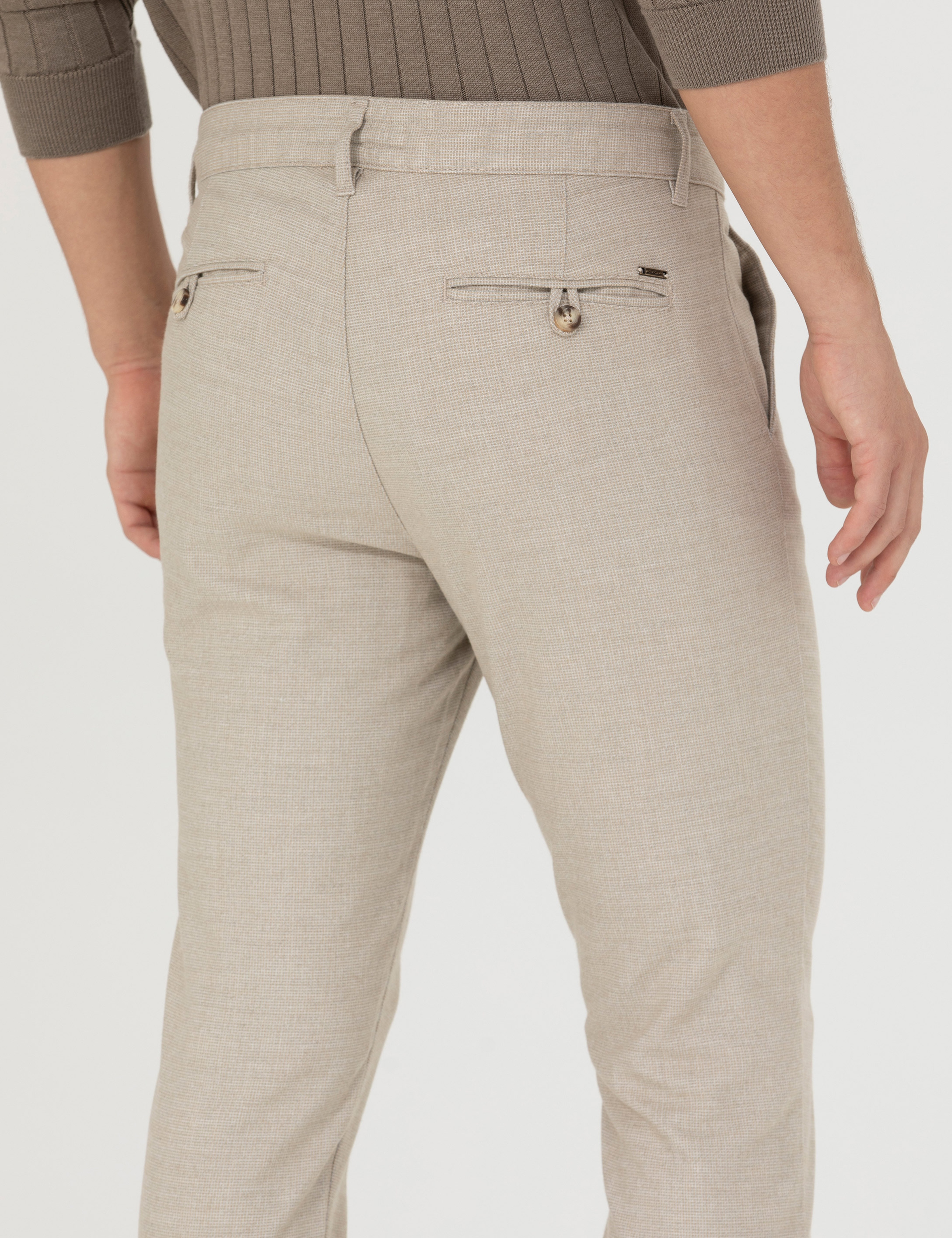 Bej Slim Fit Bağcıklı Kanvas Pantolon
