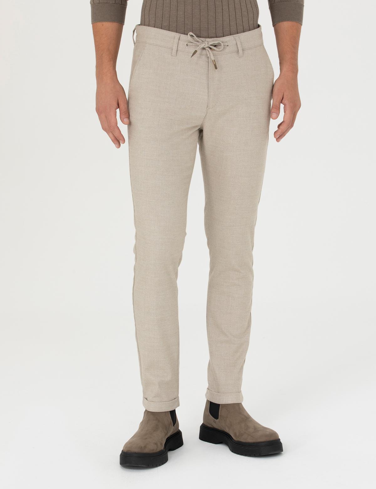 Bej Slim Fit Bağcıklı Kanvas Pantolon - 50278467088