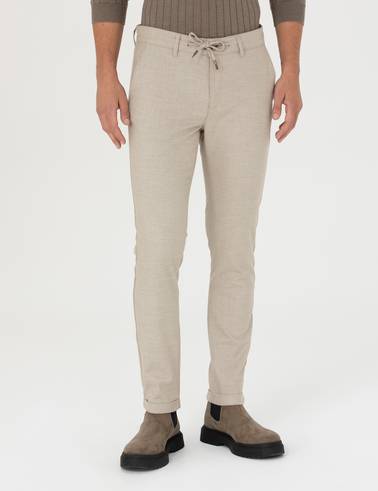 Bej Slim Fit Bağcıklı Kanvas Pantolon