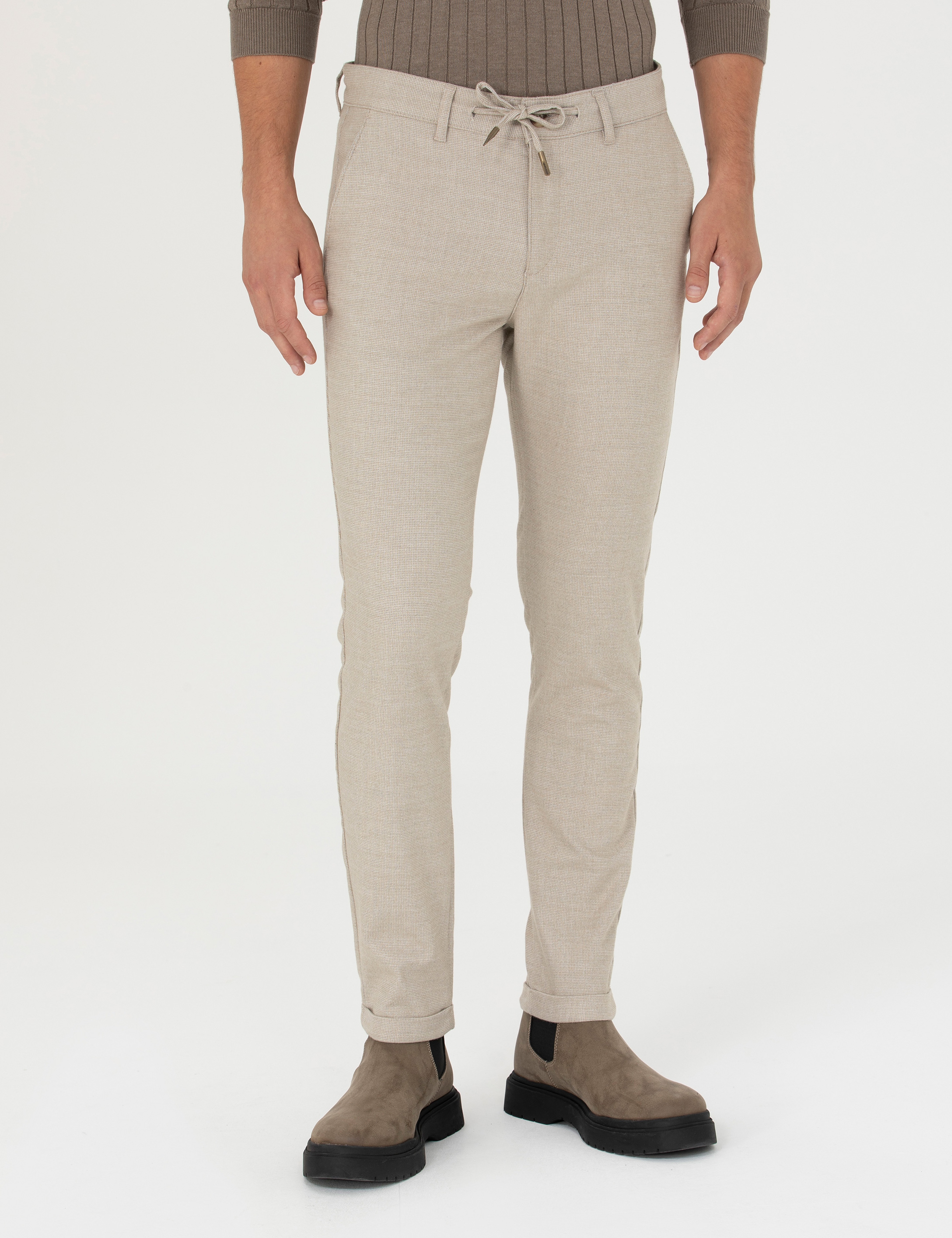 Bej Slim Fit Bağcıklı Kanvas Pantolon - Image 2