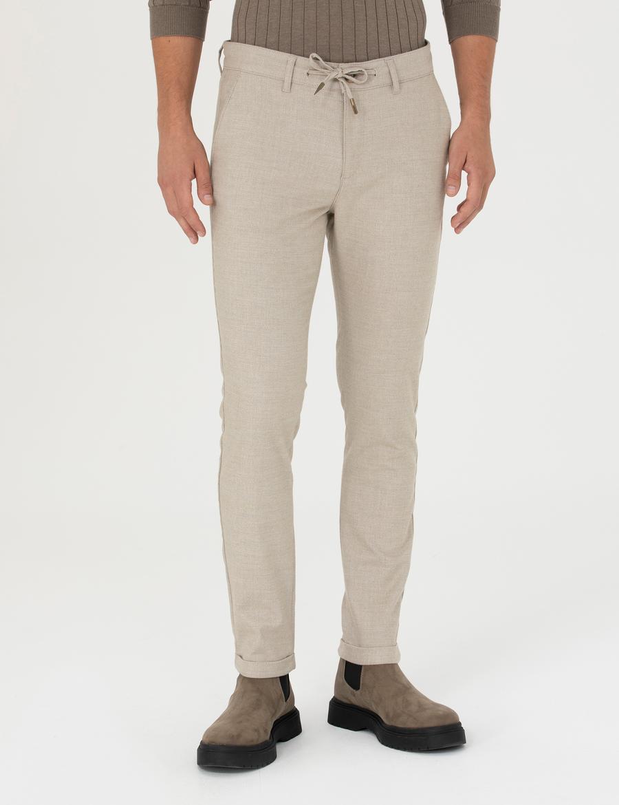 Bej Slim Fit Bağcıklı Kanvas Pantolon
