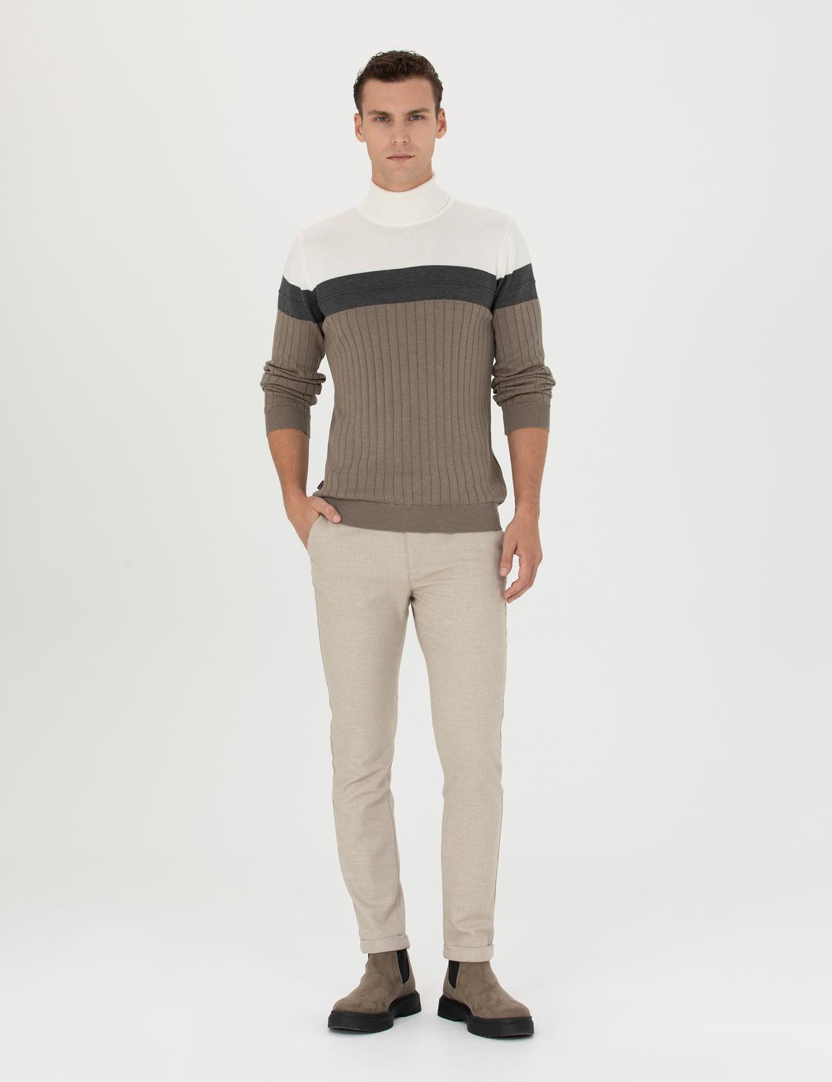 Bej Slim Fit Bağcıklı Kanvas Pantolon