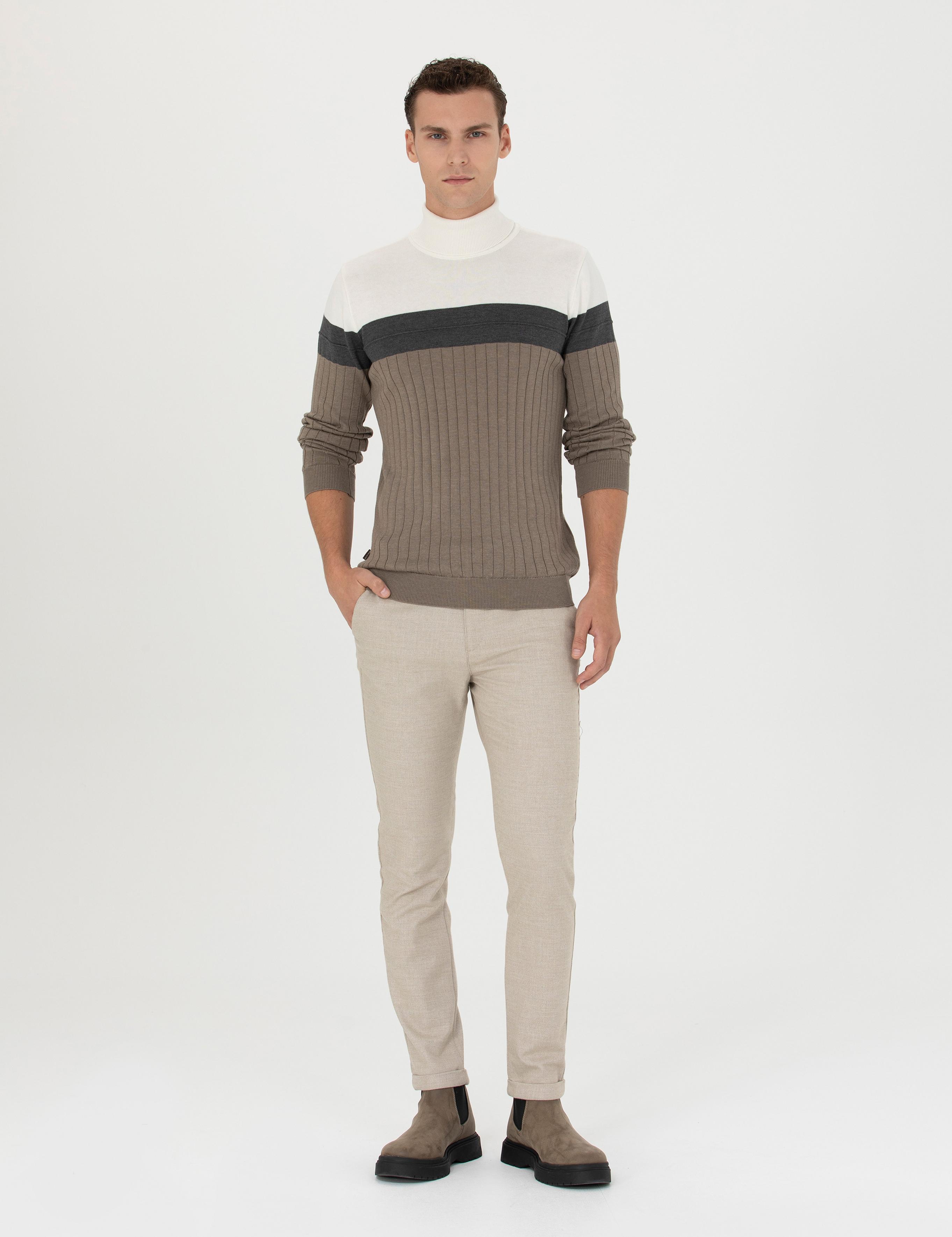 Bej Slim Fit Bağcıklı Kanvas Pantolon