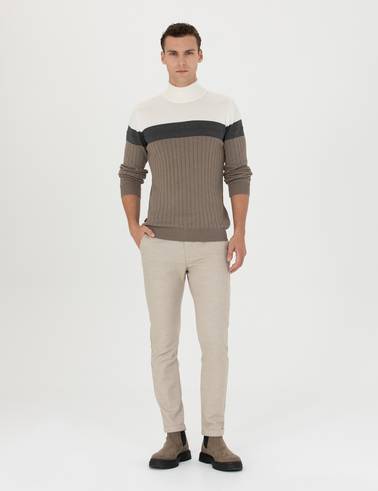 Bej Slim Fit Bağcıklı Kanvas Pantolon