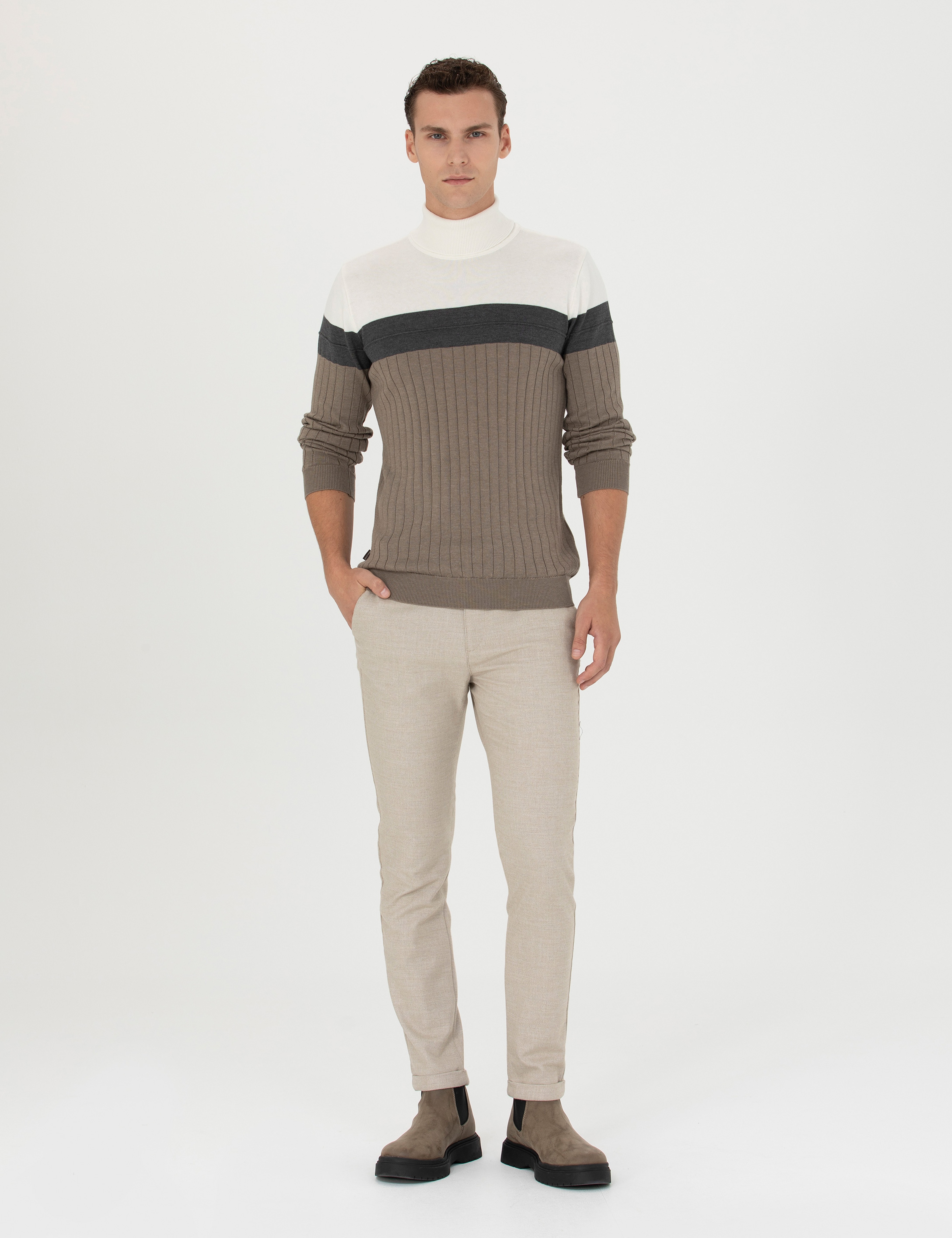 Bej Slim Fit Bağcıklı Kanvas Pantolon - Image 1