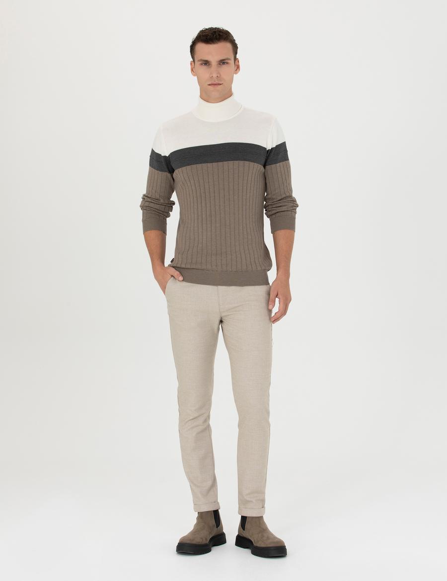 Bej Slim Fit Bağcıklı Kanvas Pantolon