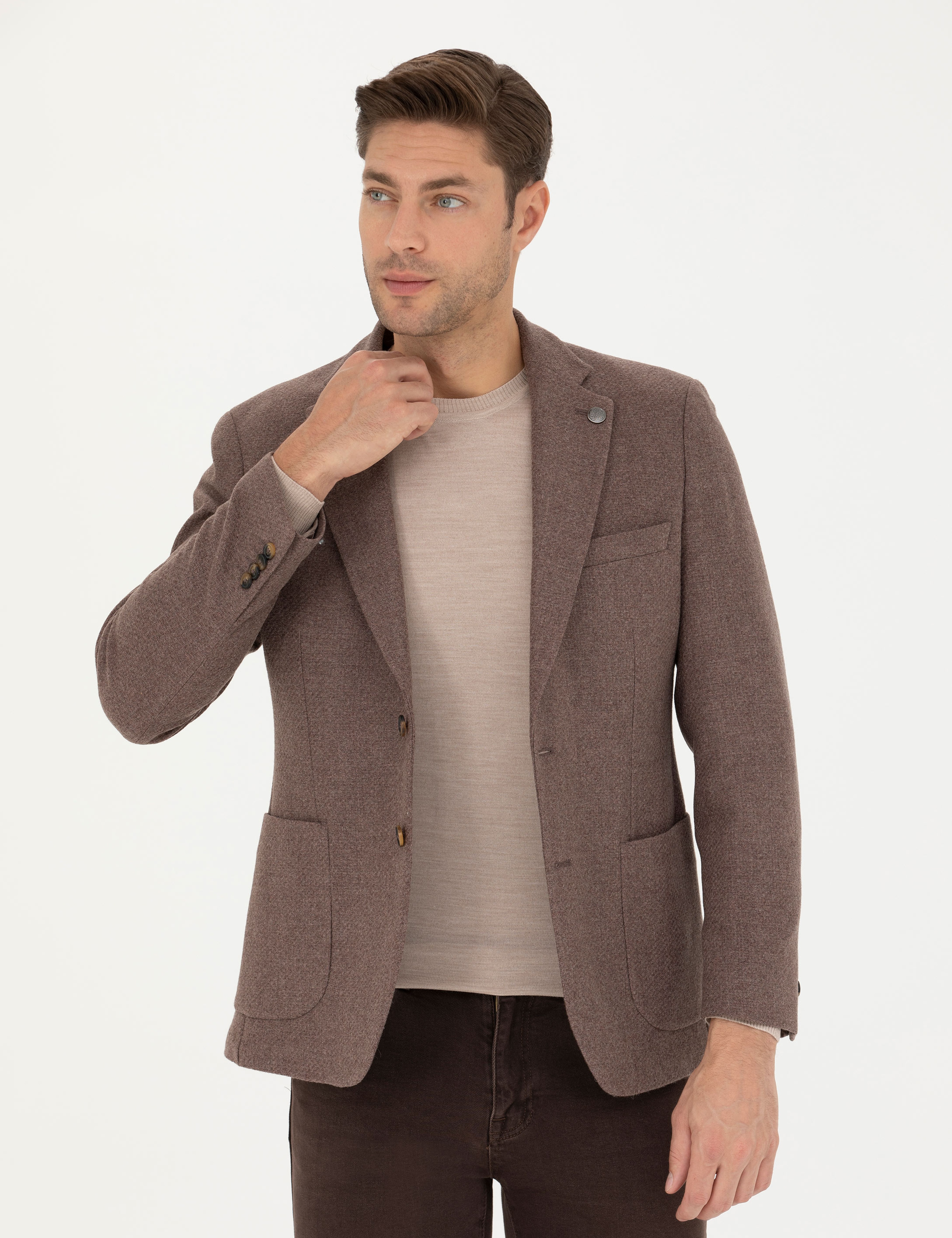Kahverengi Slim Fit Yün Karışımlı Ceket