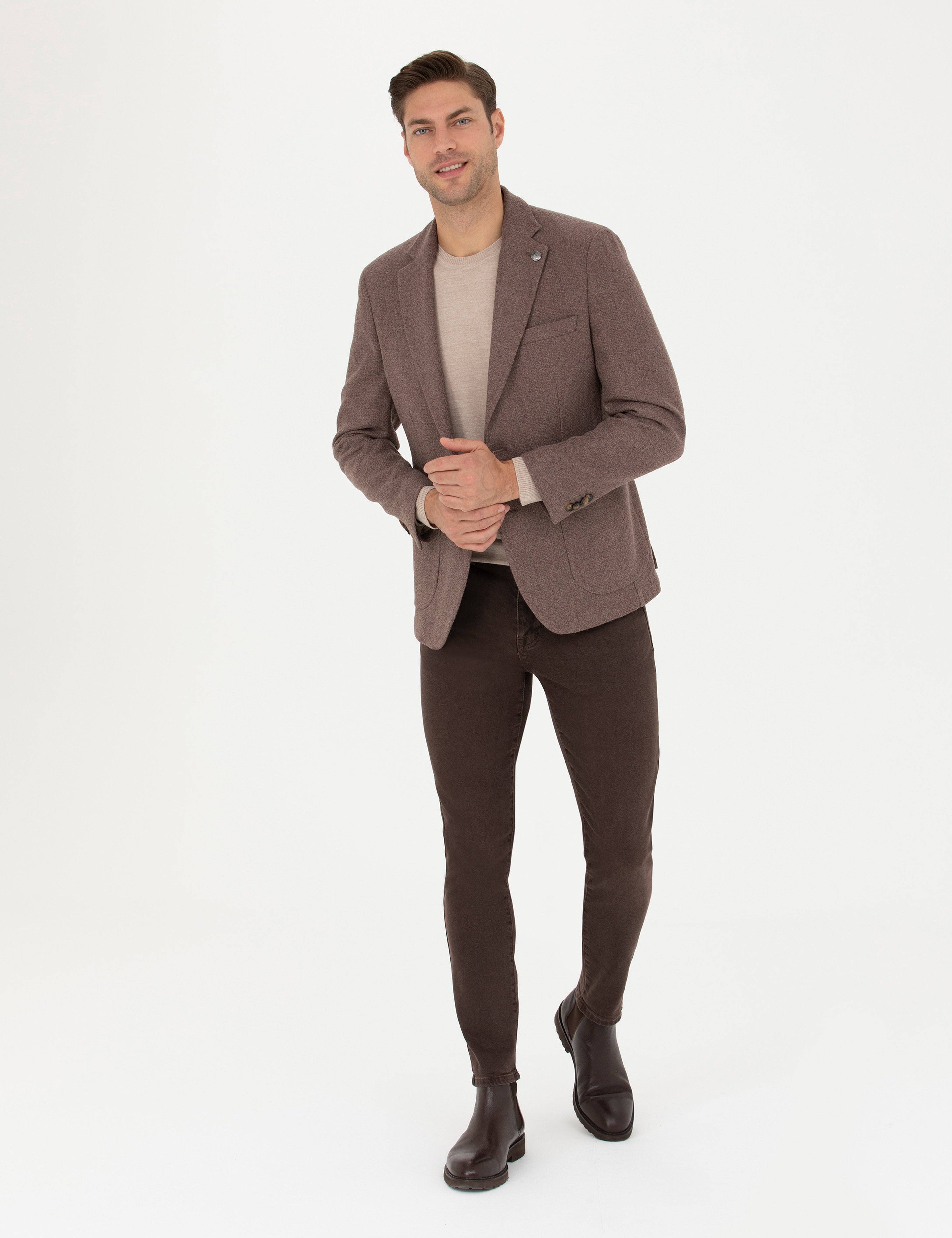 Kahverengi Slim Fit Yün Karışımlı Ceket