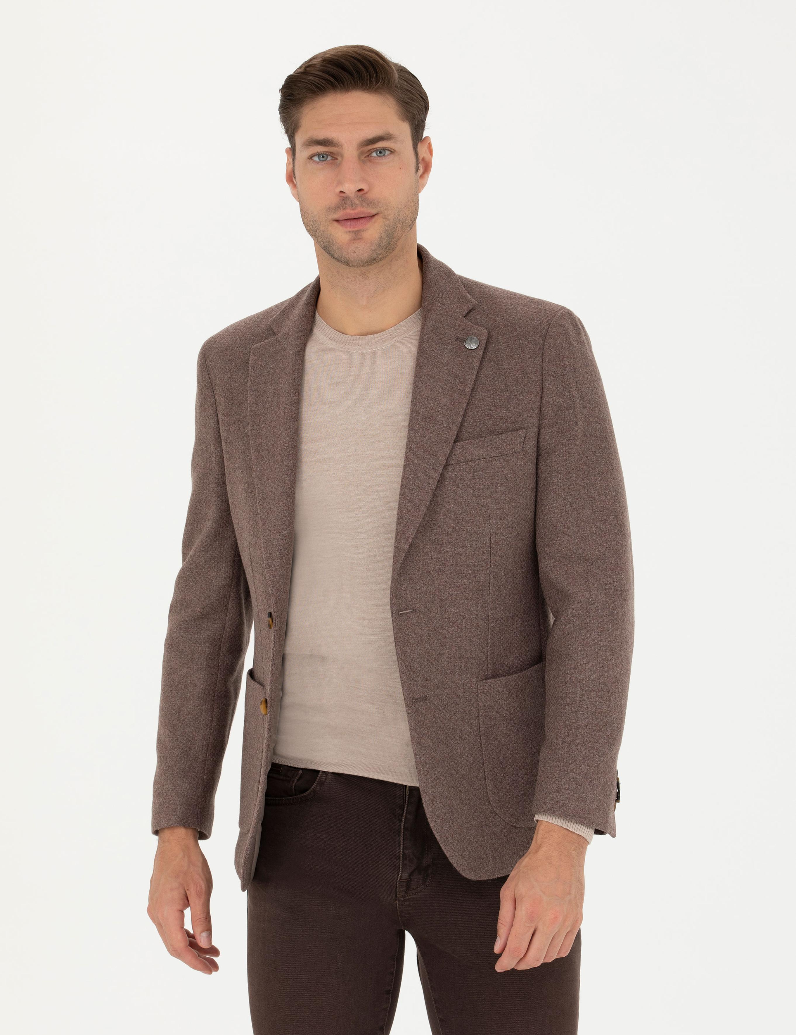 Kahverengi Slim Fit Yün Karışımlı Ceket