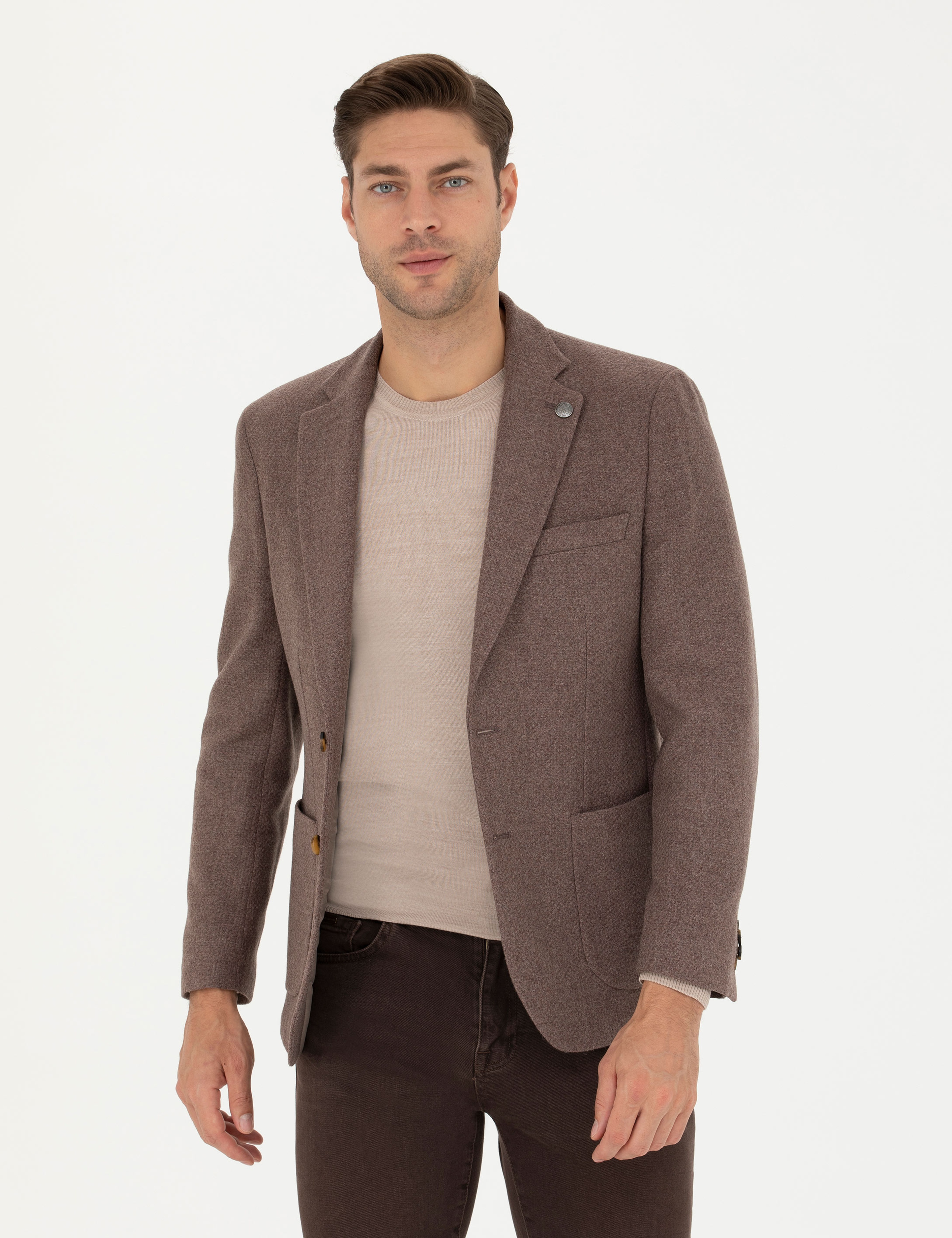 Kahverengi Slim Fit Yün Karışımlı Ceket - Image 3