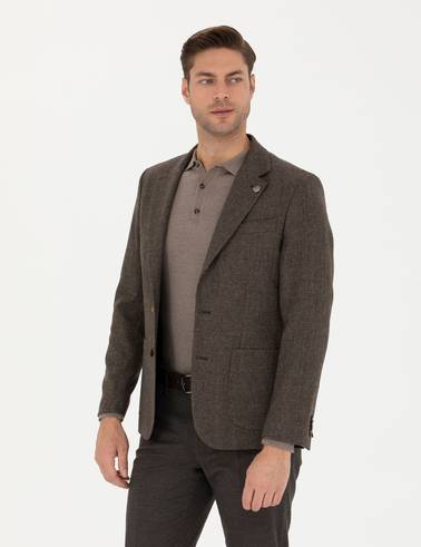 Kahverengi Yün Karışımlı Slim Fit Ceket