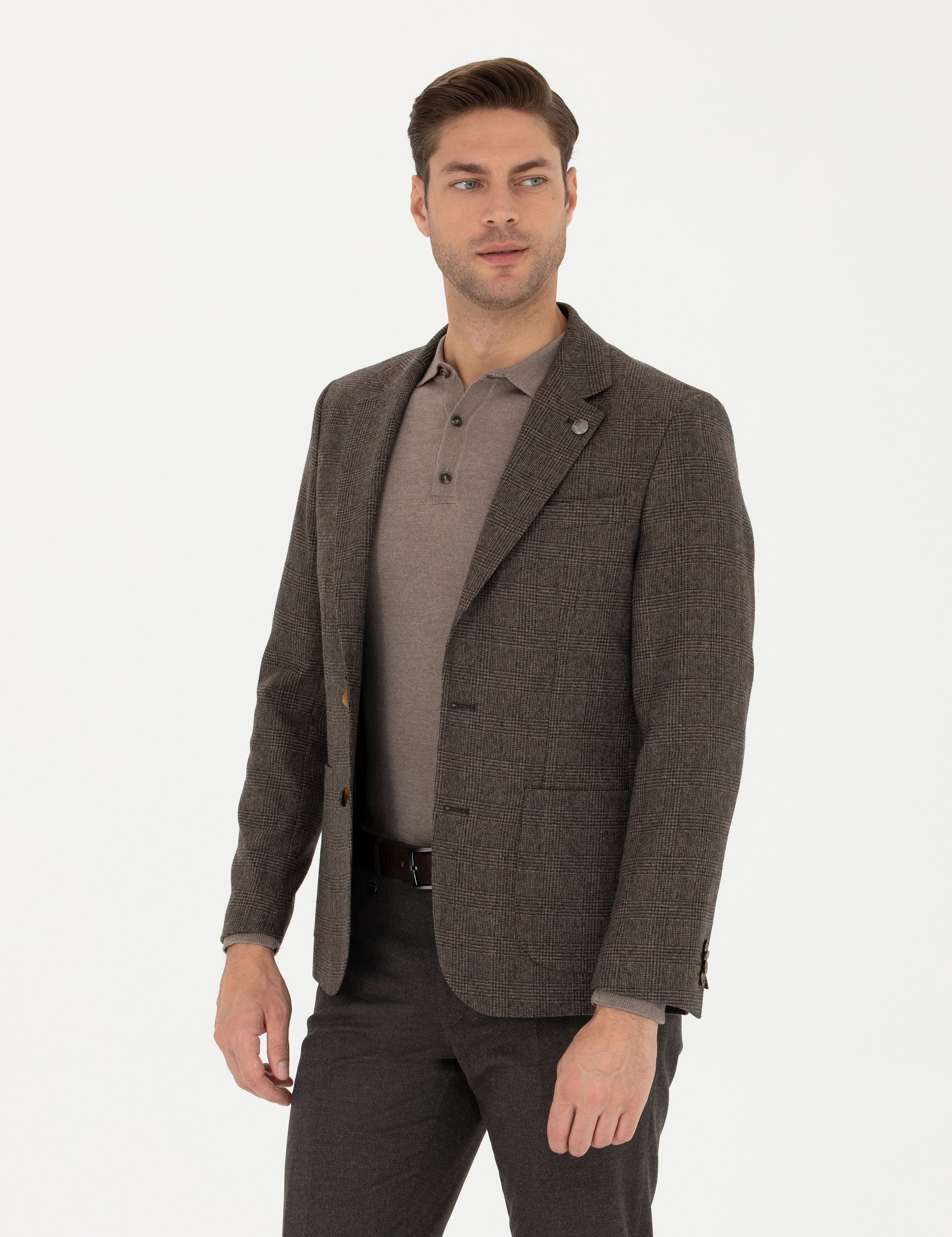 Kahverengi Yün Karışımlı Slim Fit Ceket