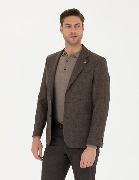 Kahverengi Yün Karışımlı Slim Fit Ceket - 50273163038