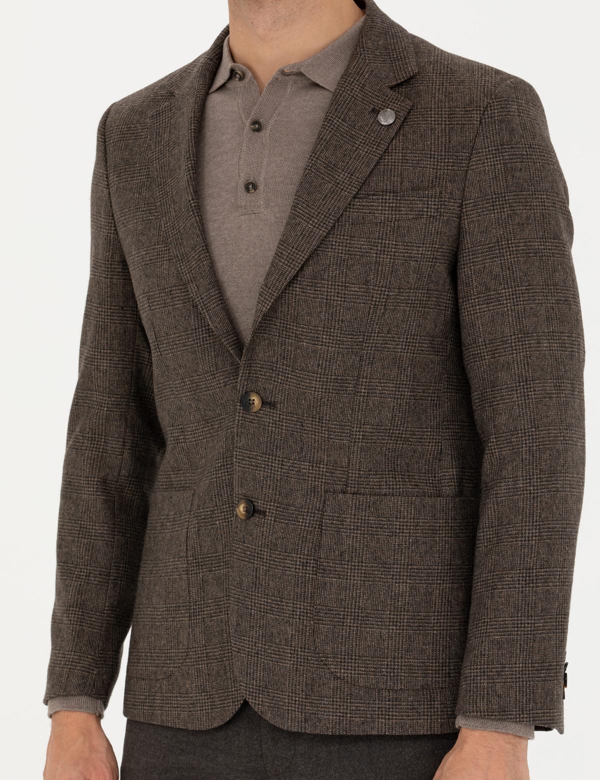 Kahverengi Yün Karışımlı Slim Fit Ceket - 50273163038