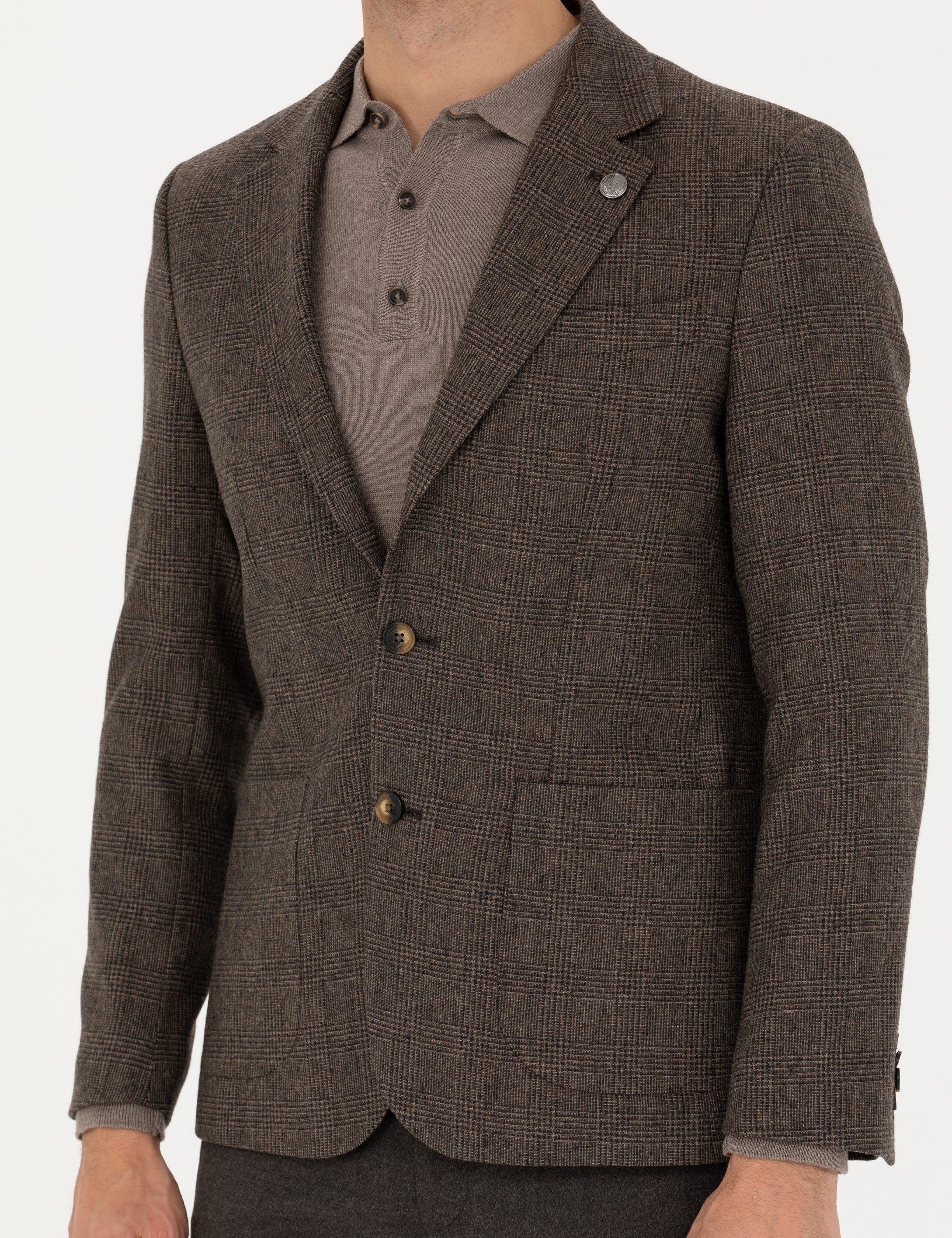 Kahverengi Yün Karışımlı Slim Fit Ceket - Image 6