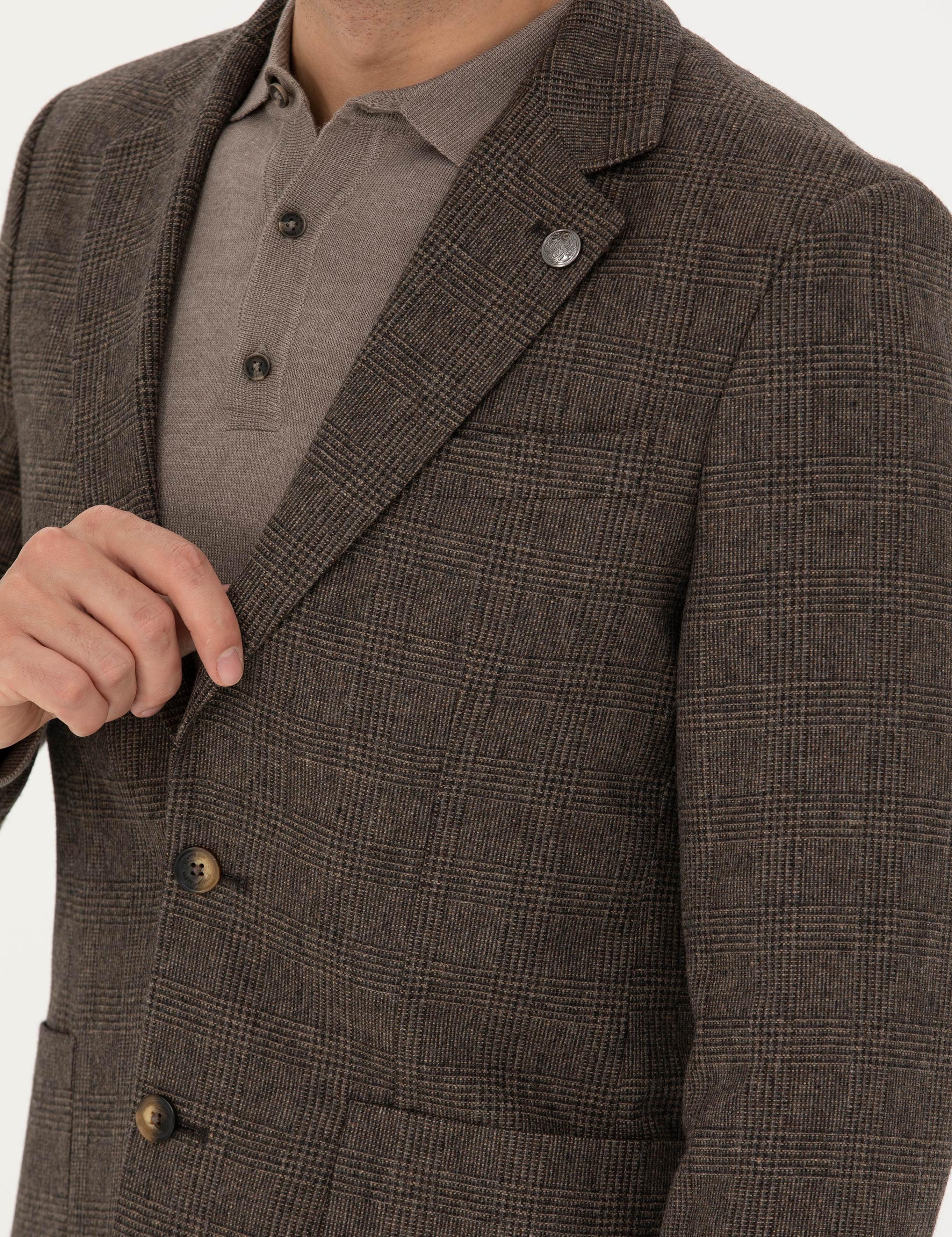 Kahverengi Yün Karışımlı Slim Fit Ceket