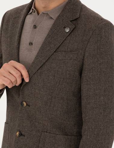 Kahverengi Yün Karışımlı Slim Fit Ceket