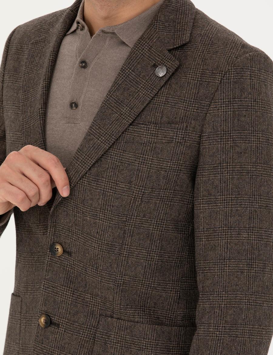 Kahverengi Yün Karışımlı Slim Fit Ceket