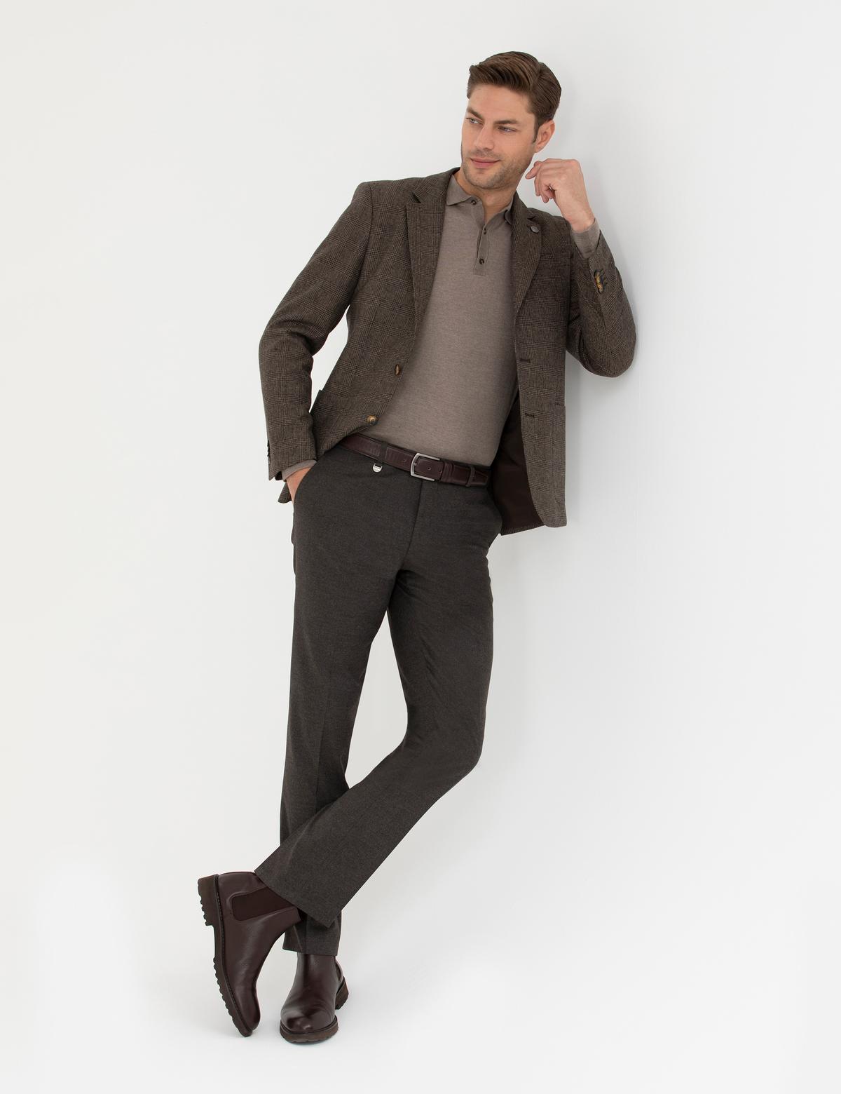 Kahverengi Yün Karışımlı Slim Fit Ceket - 50273163038