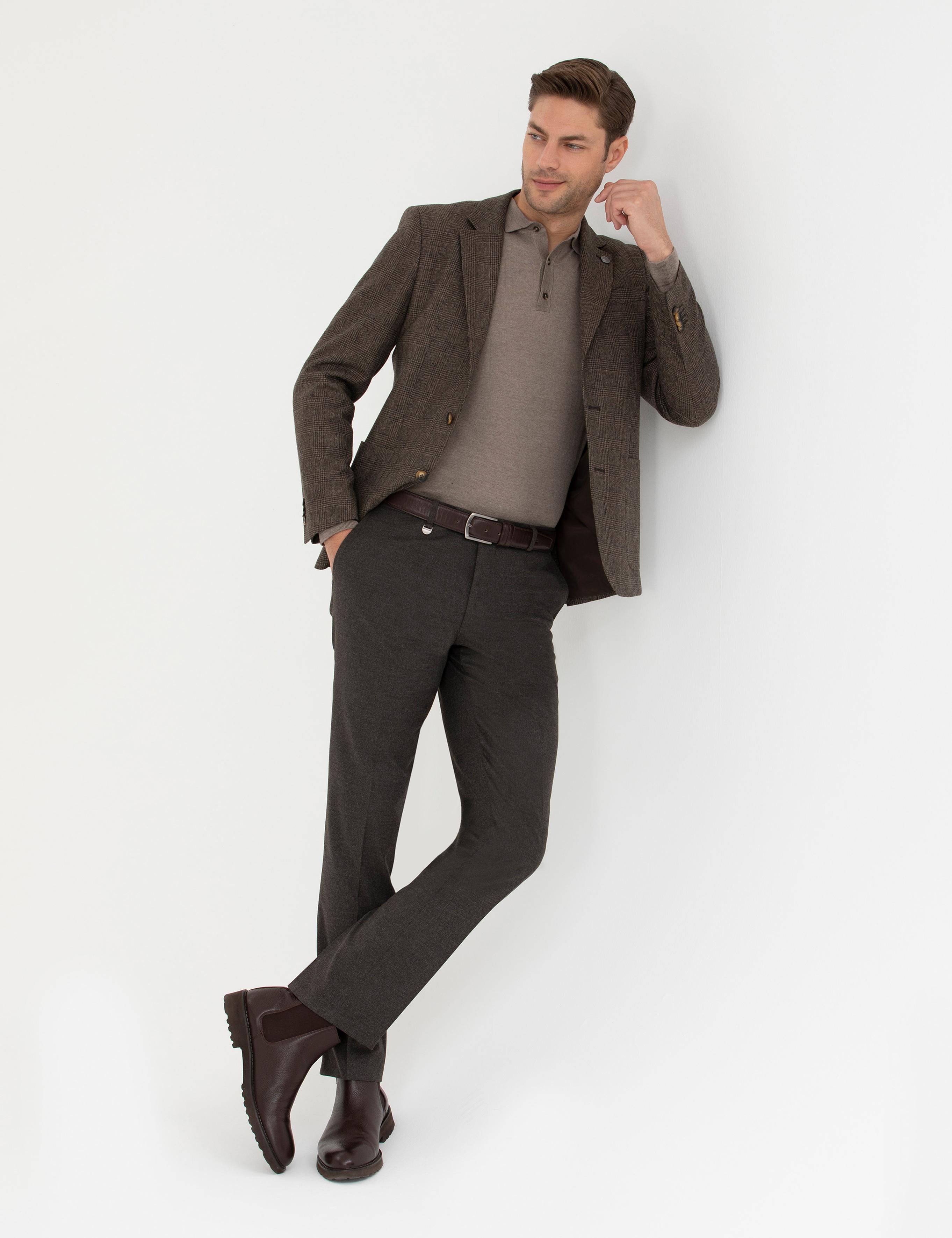 Kahverengi Yün Karışımlı Slim Fit Ceket