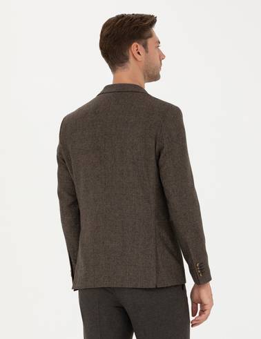 Kahverengi Yün Karışımlı Slim Fit Ceket