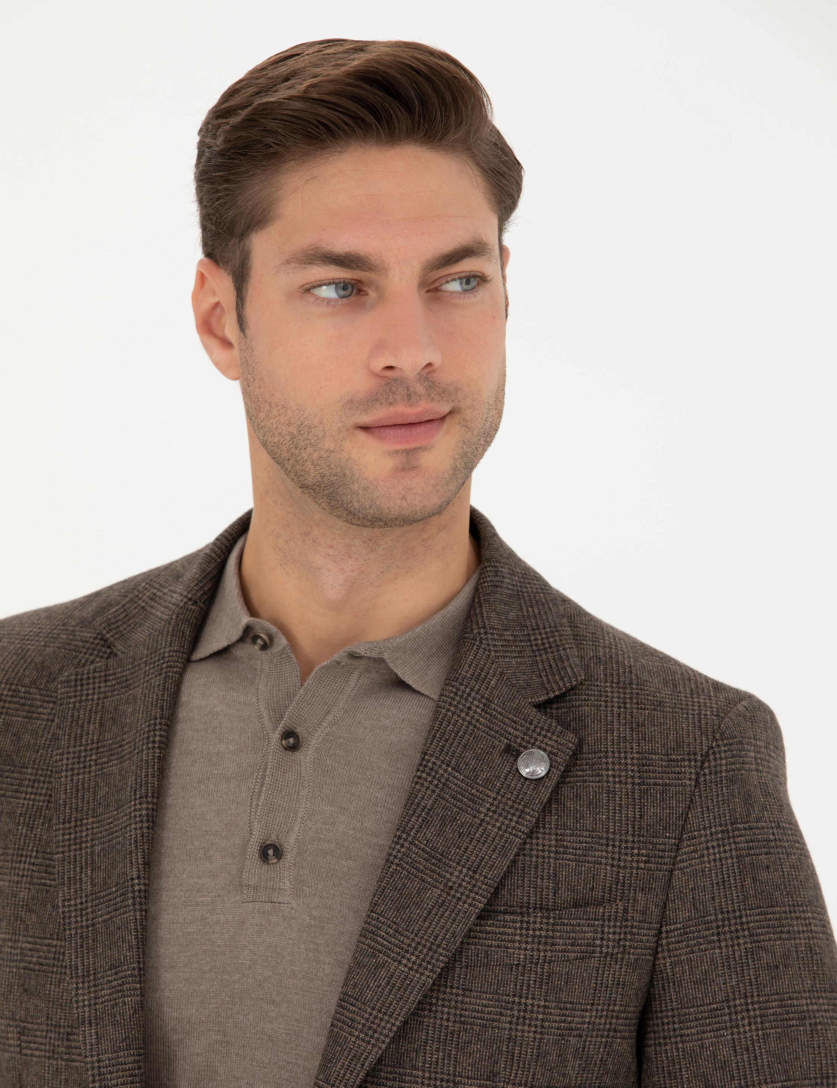 Kahverengi Yün Karışımlı Slim Fit Ceket