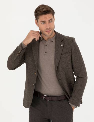 Kahverengi Yün Karışımlı Slim Fit Ceket