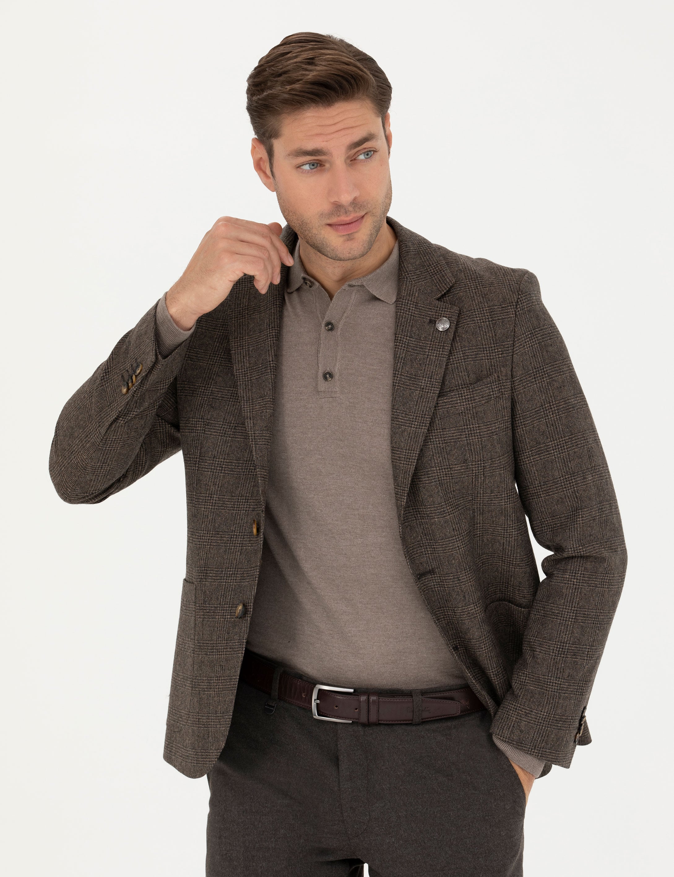Kahverengi Yün Karışımlı Slim Fit Ceket - Image 1