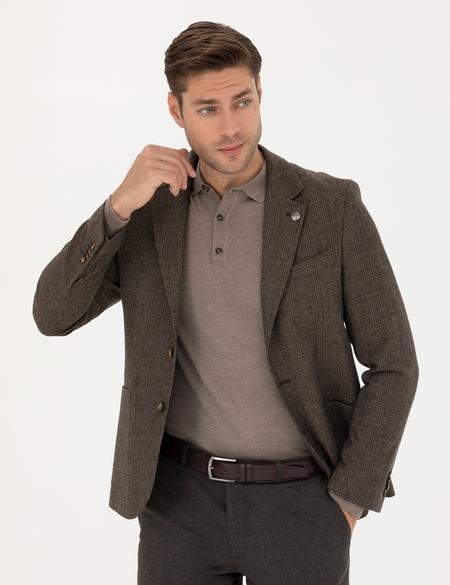 Kahverengi Yün Karışımlı Slim Fit Ceket - 50273163038