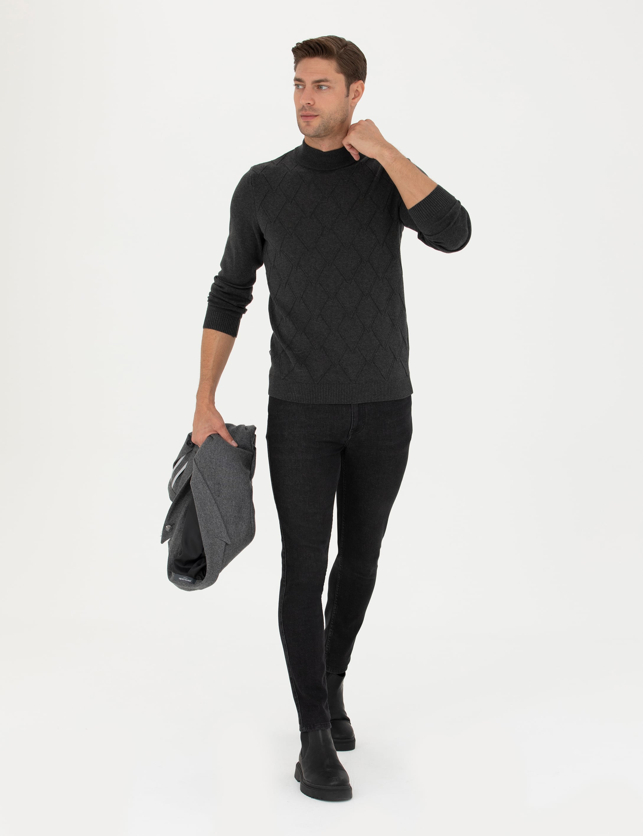 Antrasit Melanj Slim Fit Yarım Balıkçı Yaka Triko Kazak