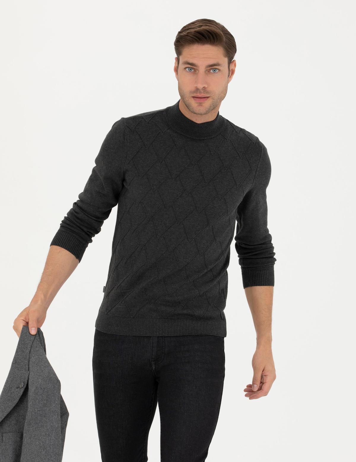 Antrasit Melanj Slim Fit Yarım Balıkçı Yaka Triko Kazak